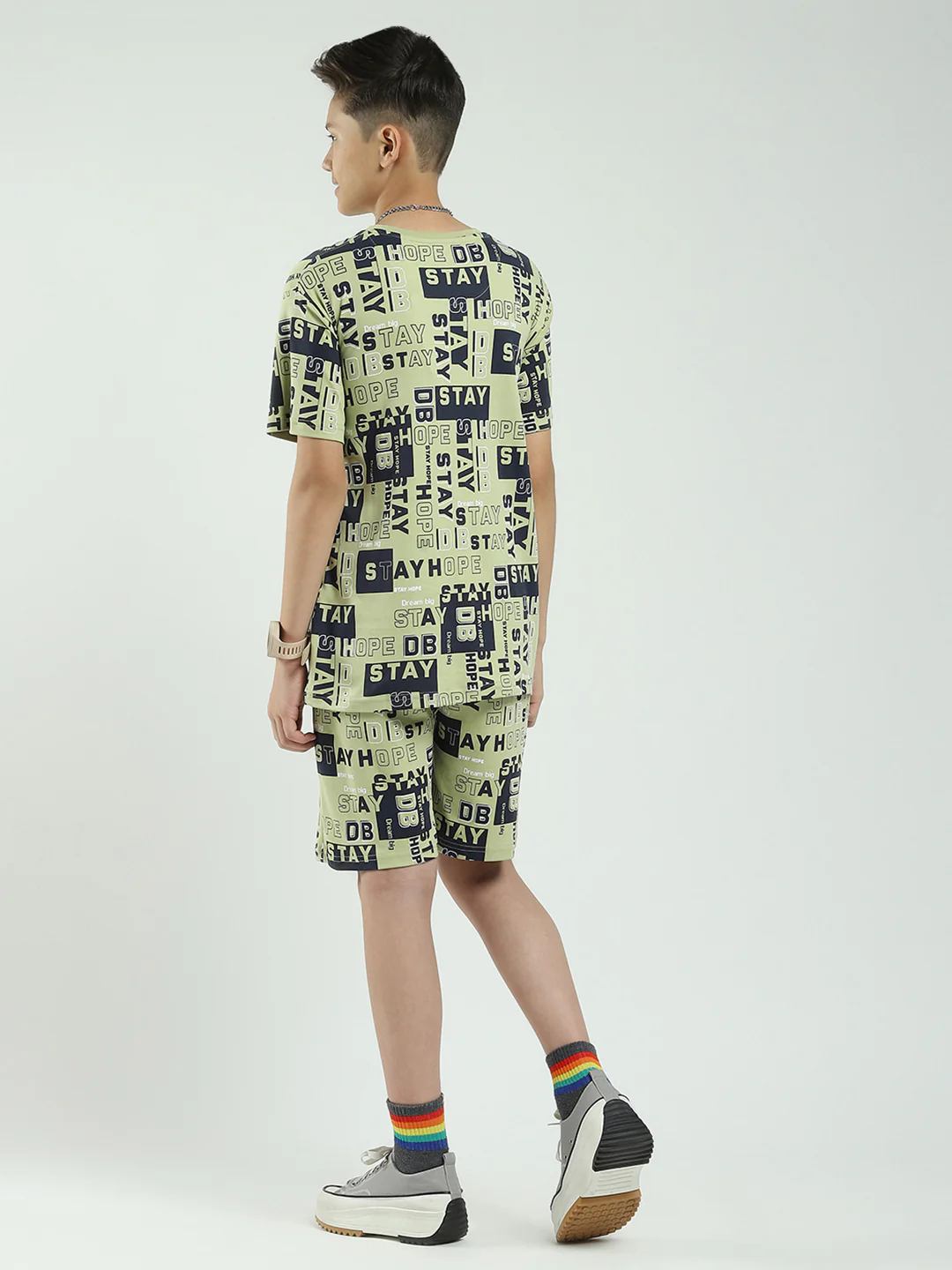 Boys Green Printed Round Neck Half Sleeve Bermuda Set - Image 5