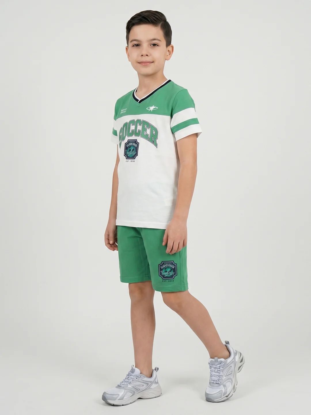 Boys Green Printed V Neck Half Sleeve Bermuda Set - Image 2