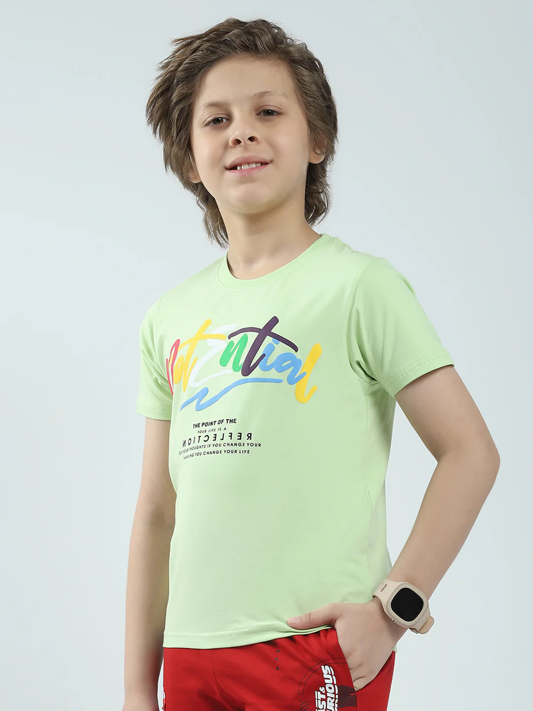 Boys Green Printed Round Neck Half Sleeve T-Shirt - Image 3