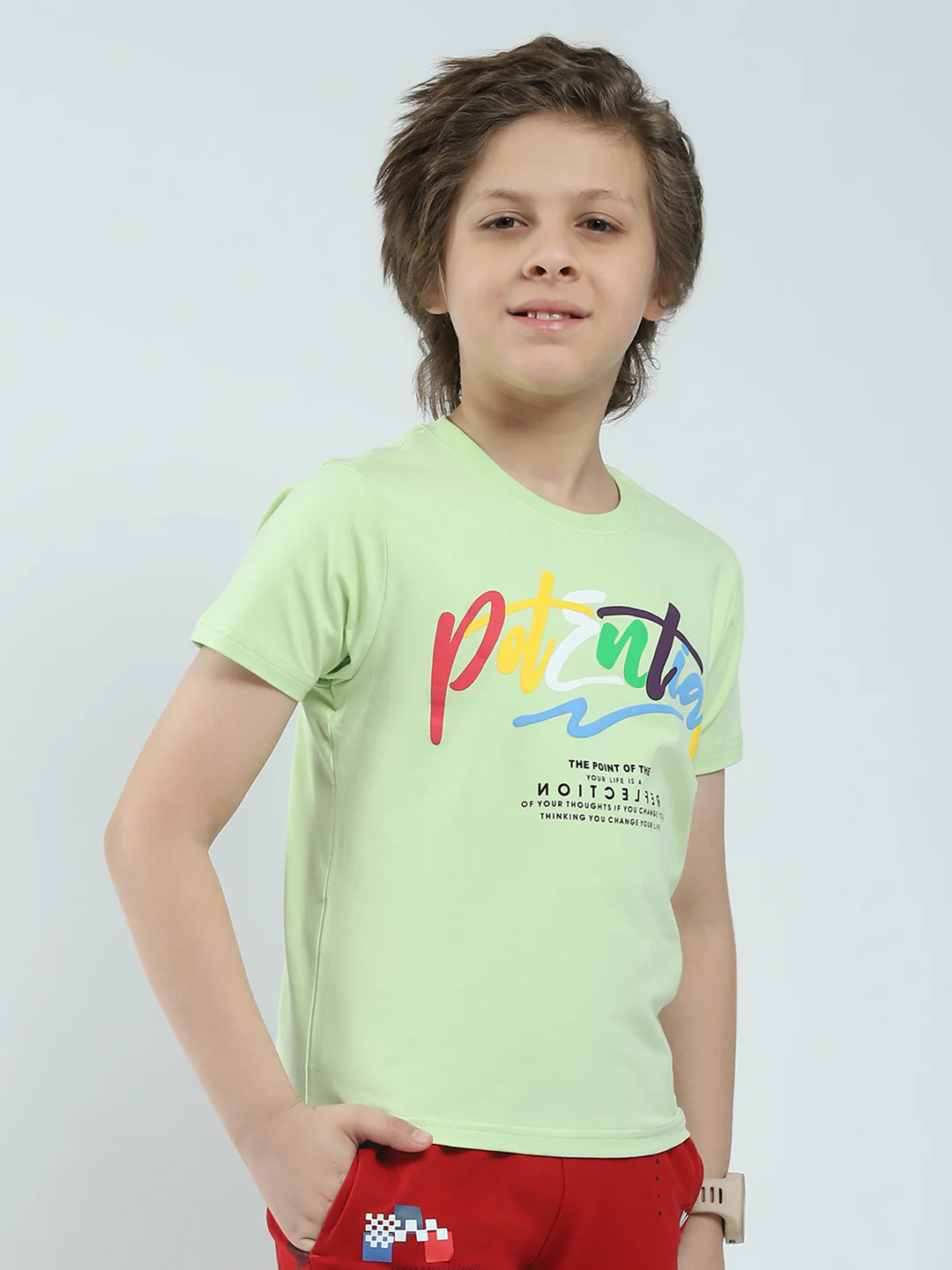 Boys Green Printed Round Neck Half Sleeve T-Shirt - Image 4