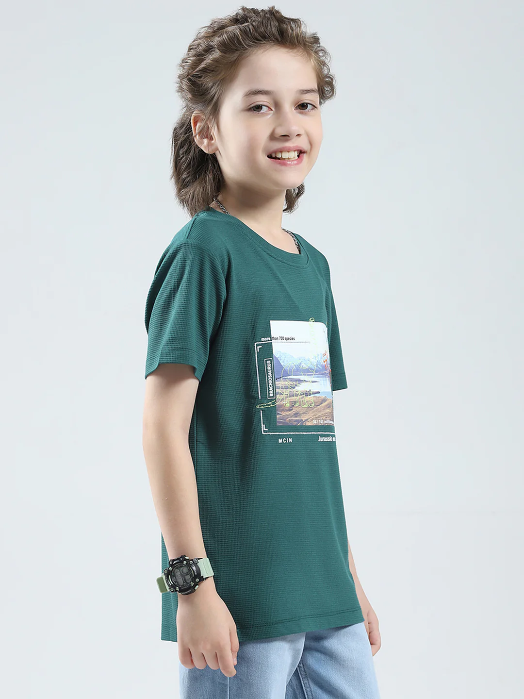 Boys Green Printed Round Neck Half Sleeve T-Shirt - Image 4