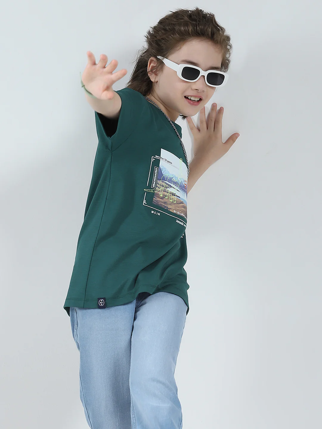 Boys Green Printed Round Neck Half Sleeve T-Shirt - Image 6