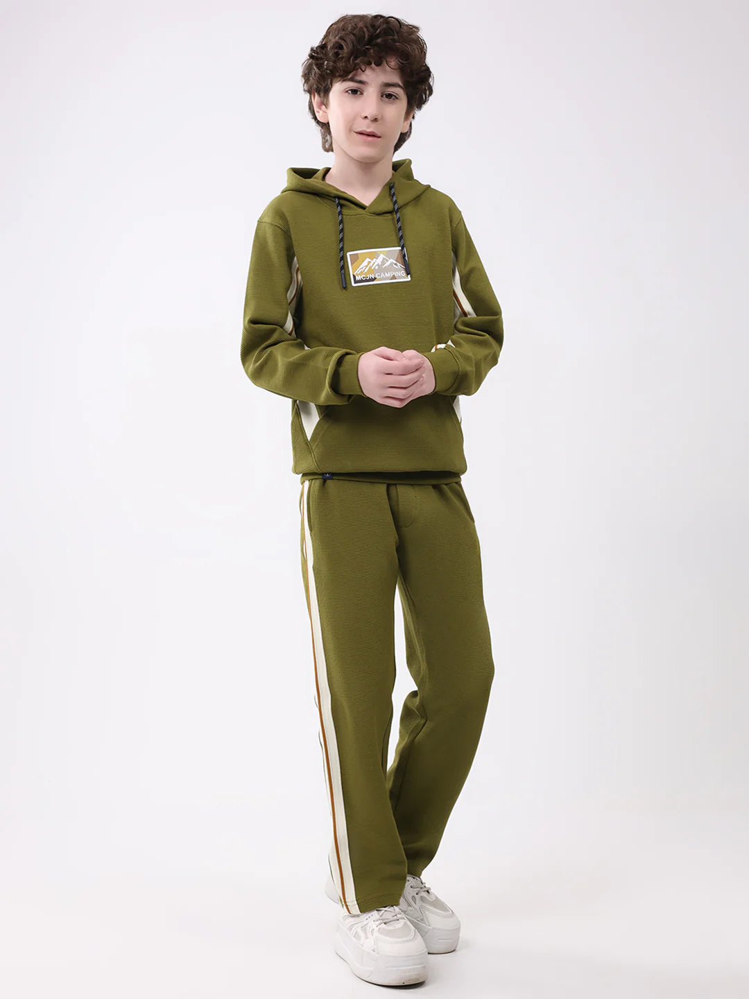 Boys Green Self Design Hooded Full Sleeve Cords Set - Image 4