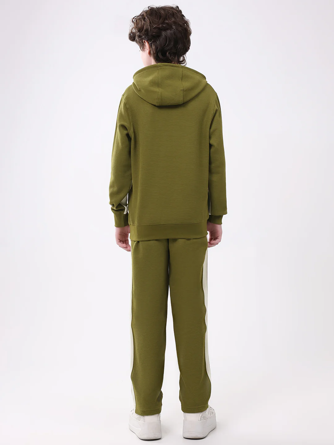 Boys Green Self Design Hooded Full Sleeve Cords Set - Image 5
