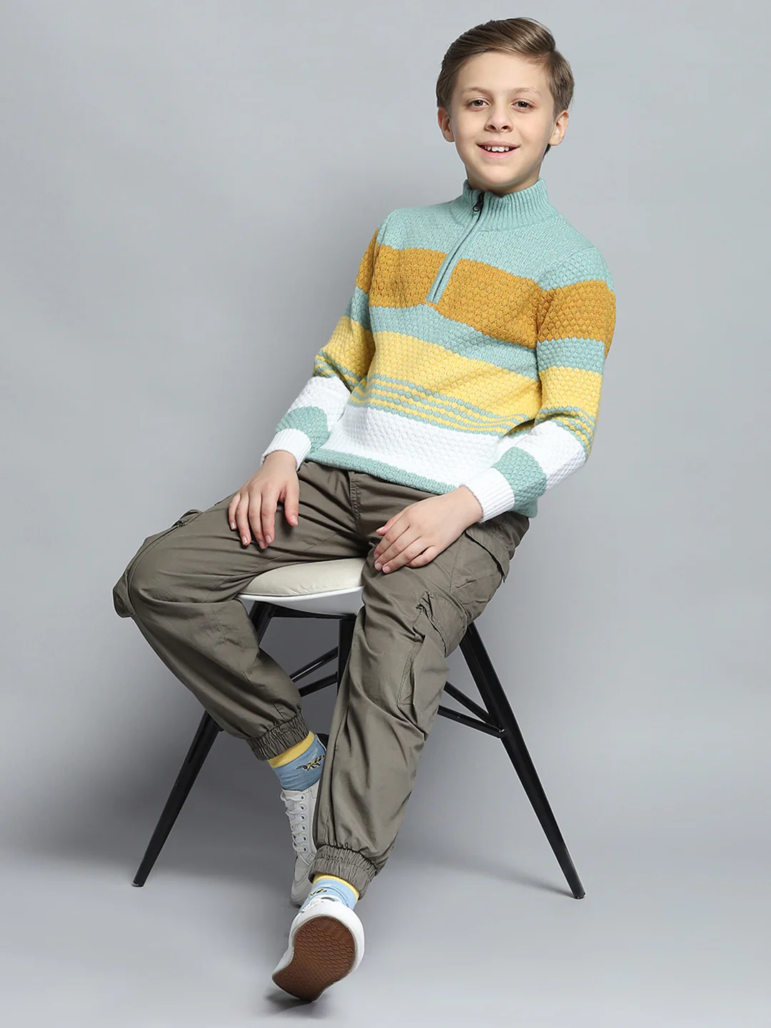 Boys Green Self Design Mock Neck Full Sleeve Pullover - Image 2