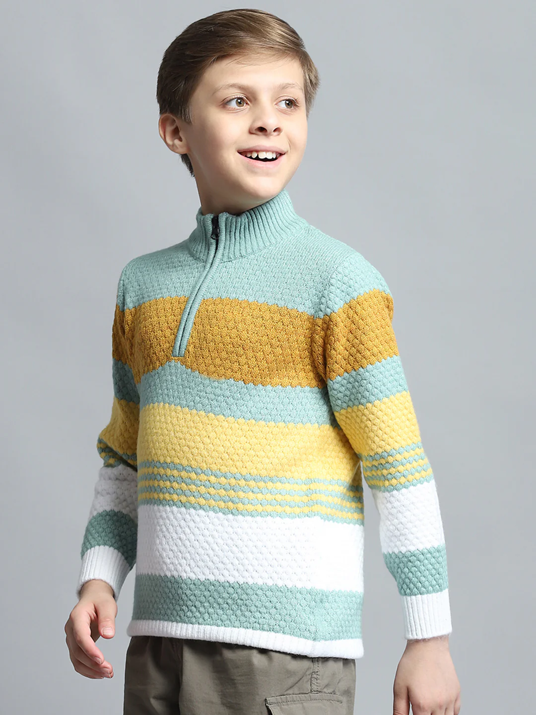 Boys Green Self Design Mock Neck Full Sleeve Pullover - Image 3