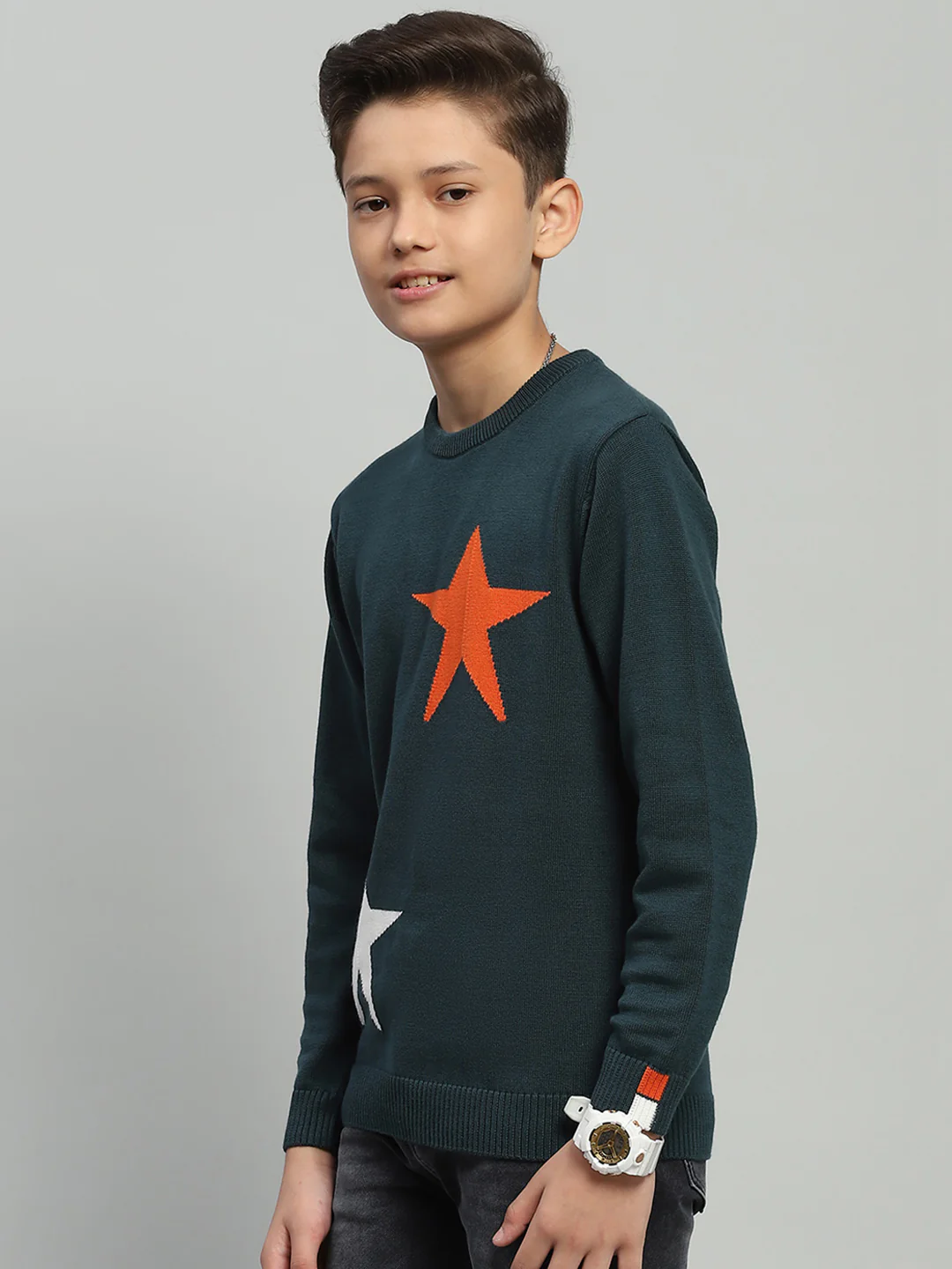 Boys Green Self Design Round Neck Full Sleeve Pullover - Image 3