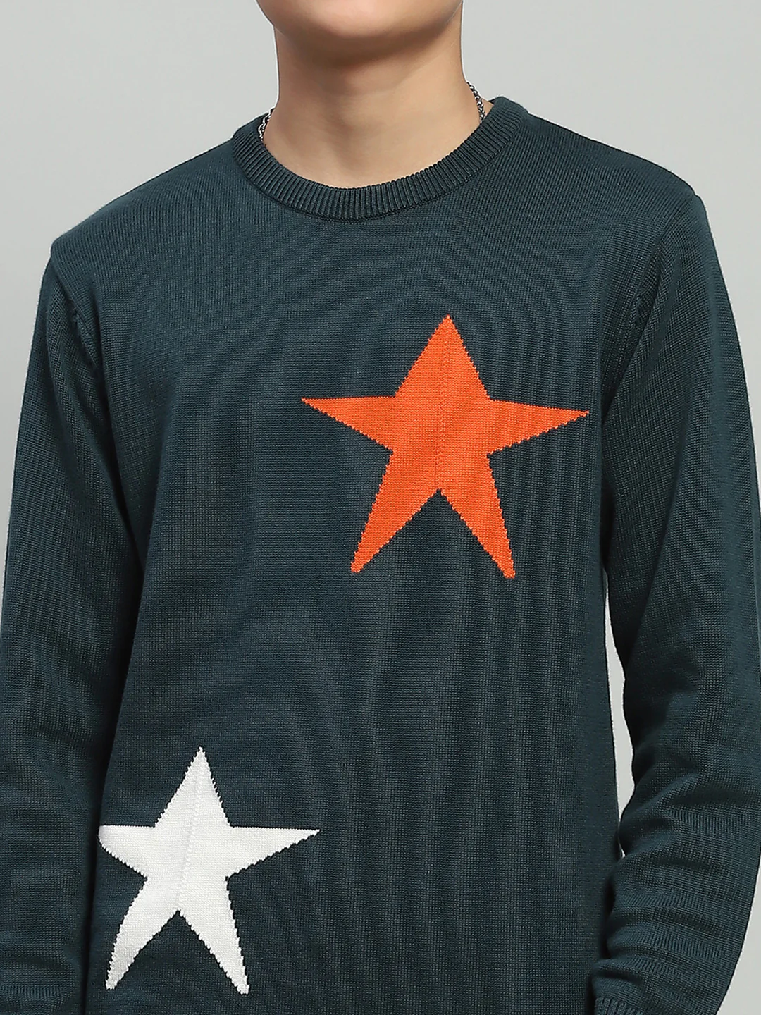 Boys Green Self Design Round Neck Full Sleeve Pullover - Image 6