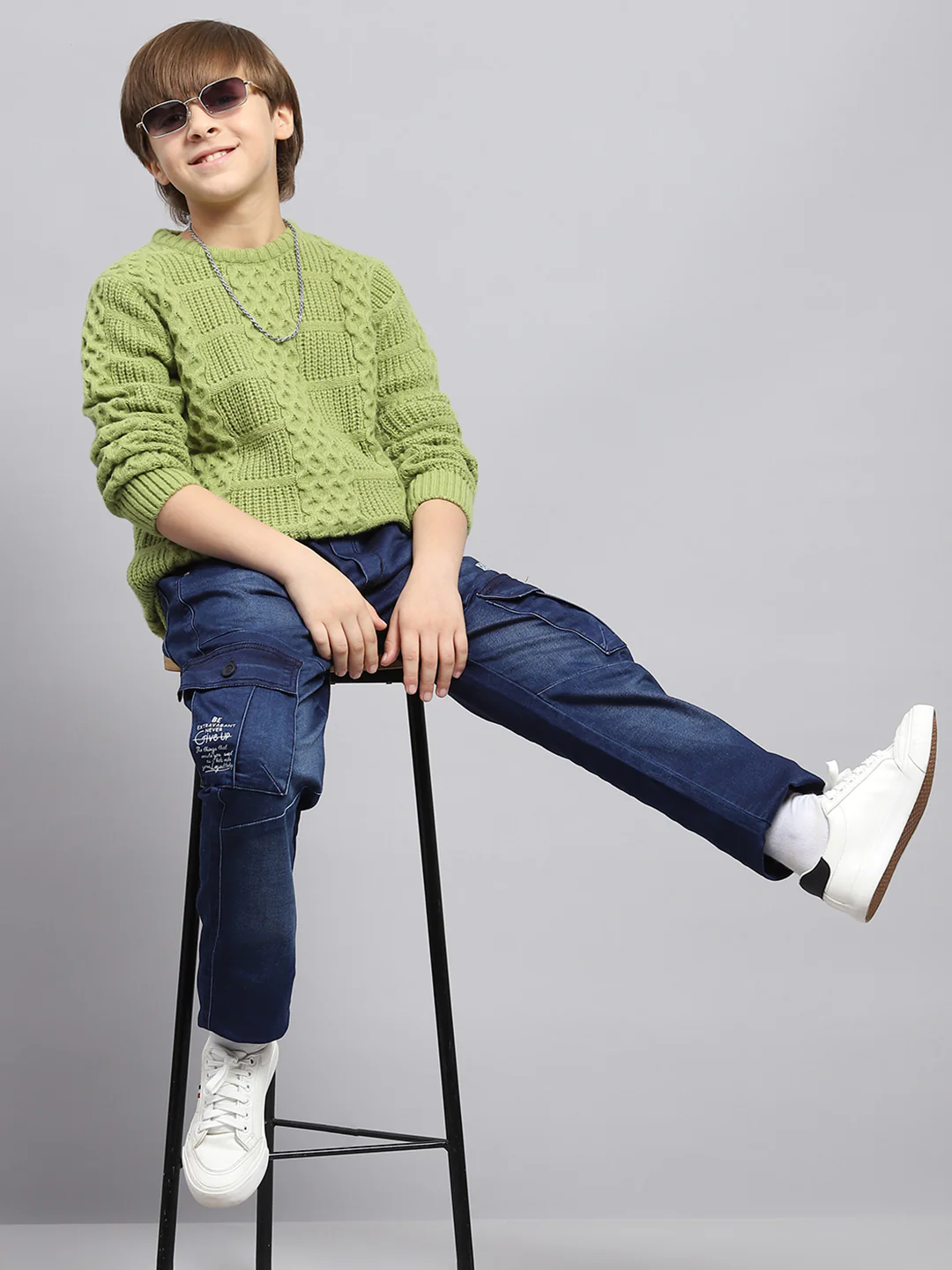 Boys Green Self Design Round Neck Full Sleeve Pullover - Image 2
