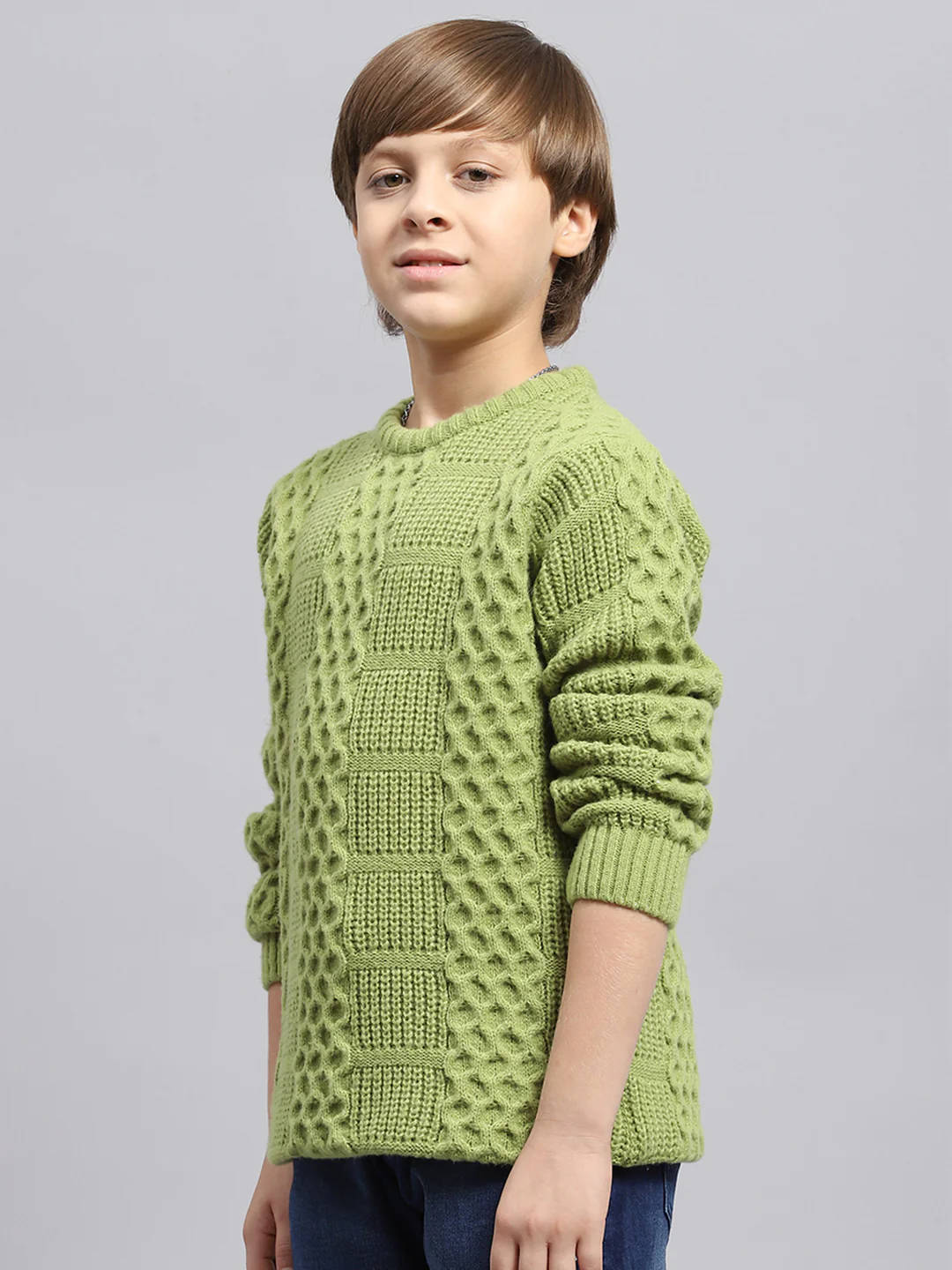 Boys Green Self Design Round Neck Full Sleeve Pullover - Image 3