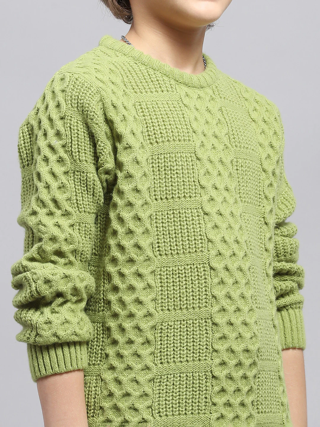Boys Green Self Design Round Neck Full Sleeve Pullover - Image 6