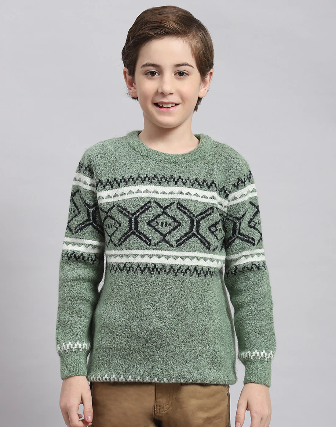Boys Green Self Design Round Neck Full Sleeve Sweater - Image 2