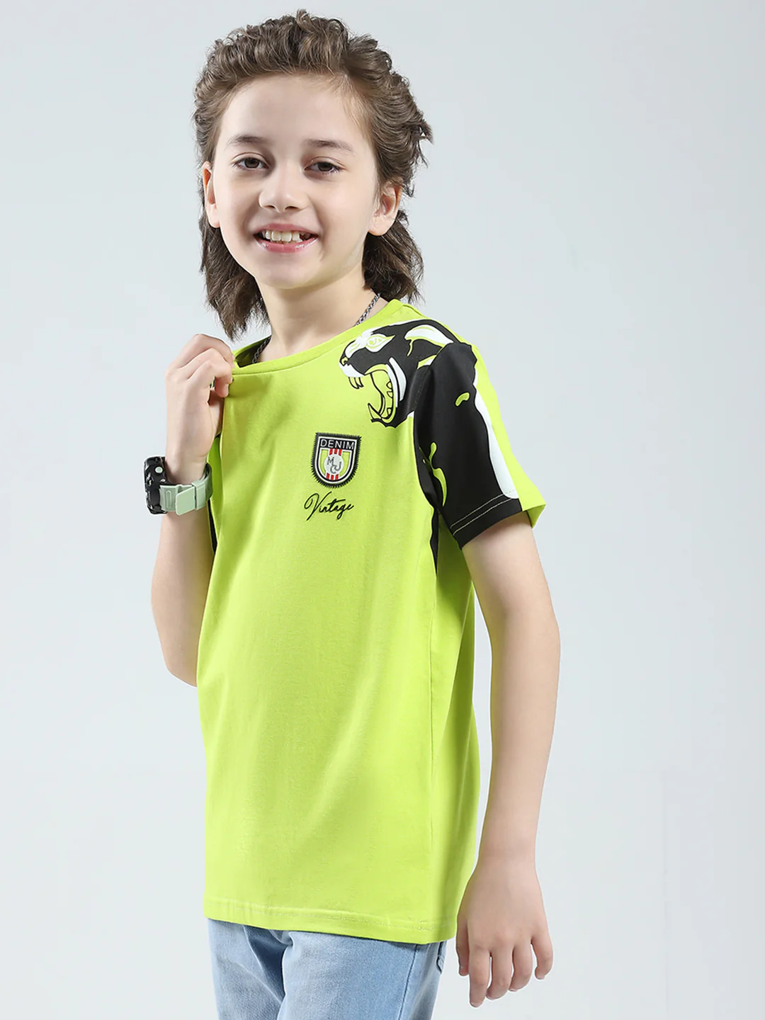Boys Green Self Design Round Neck Half Sleeve T-Shirt - Image 3