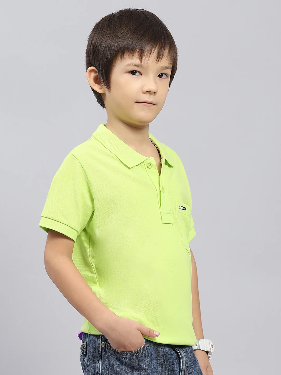 Boys Green Solid Collar Half Sleeve T-Shirt - Image 4