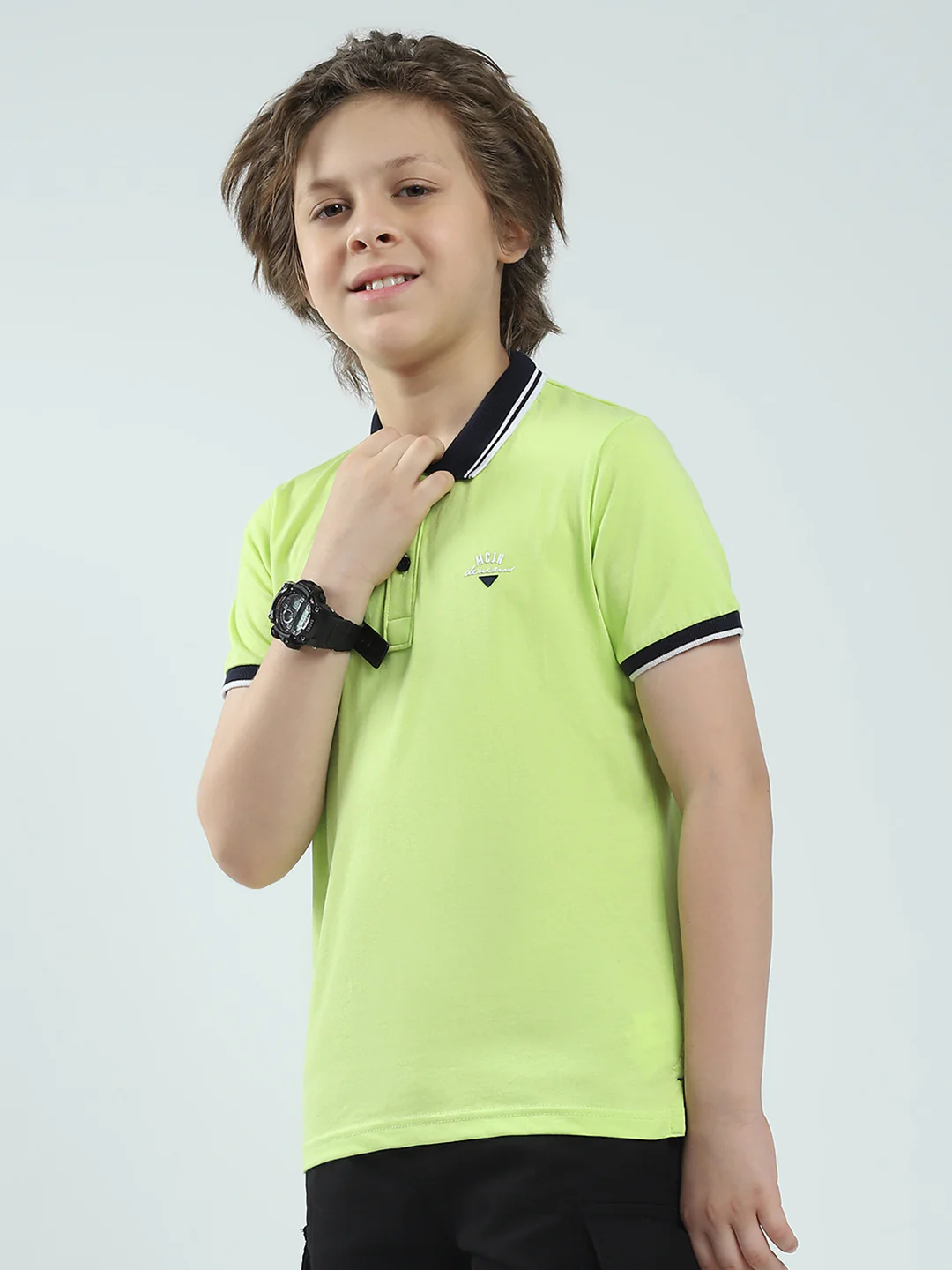 Boys Green Solid Collar Half Sleeve T-Shirt - Image 3