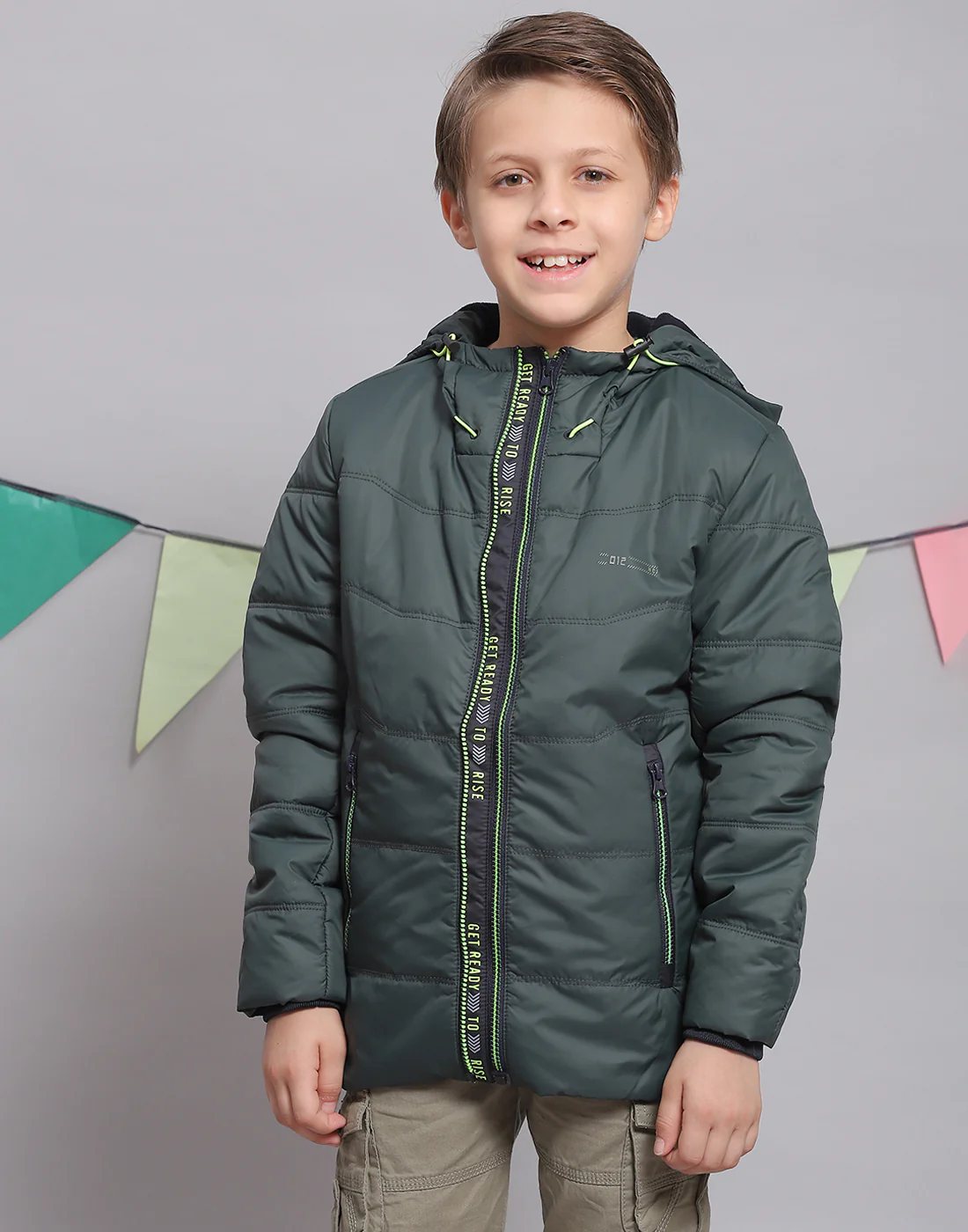 Boys Green Solid Hooded Full Sleeve Boys Jacket - Image 3