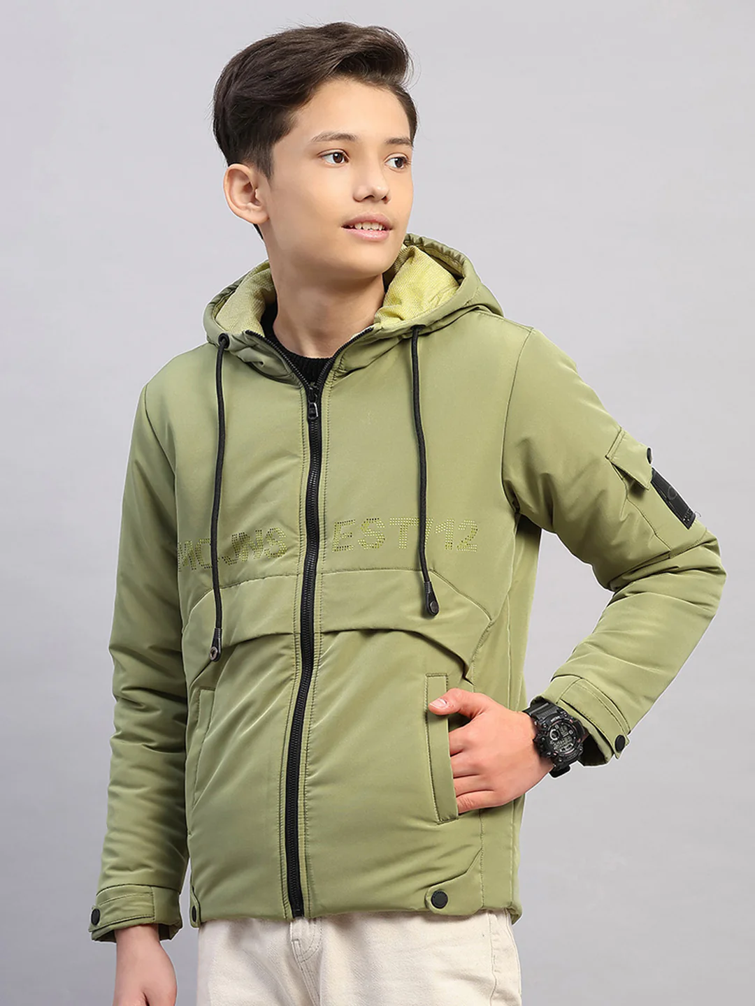 Boys Green Solid Hooded Full Sleeve Jacket - Image 3