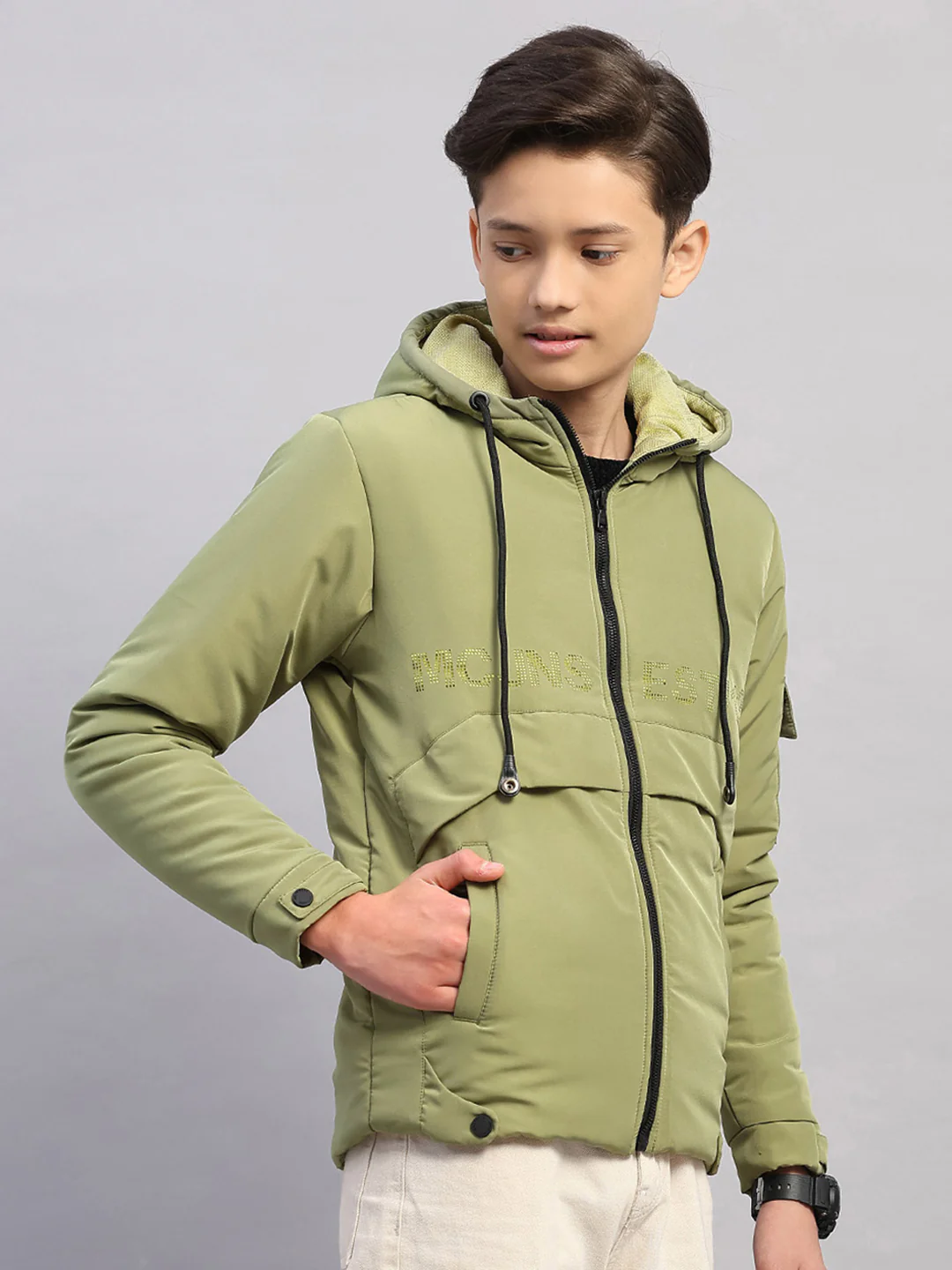 Boys Green Solid Hooded Full Sleeve Jacket - Image 4