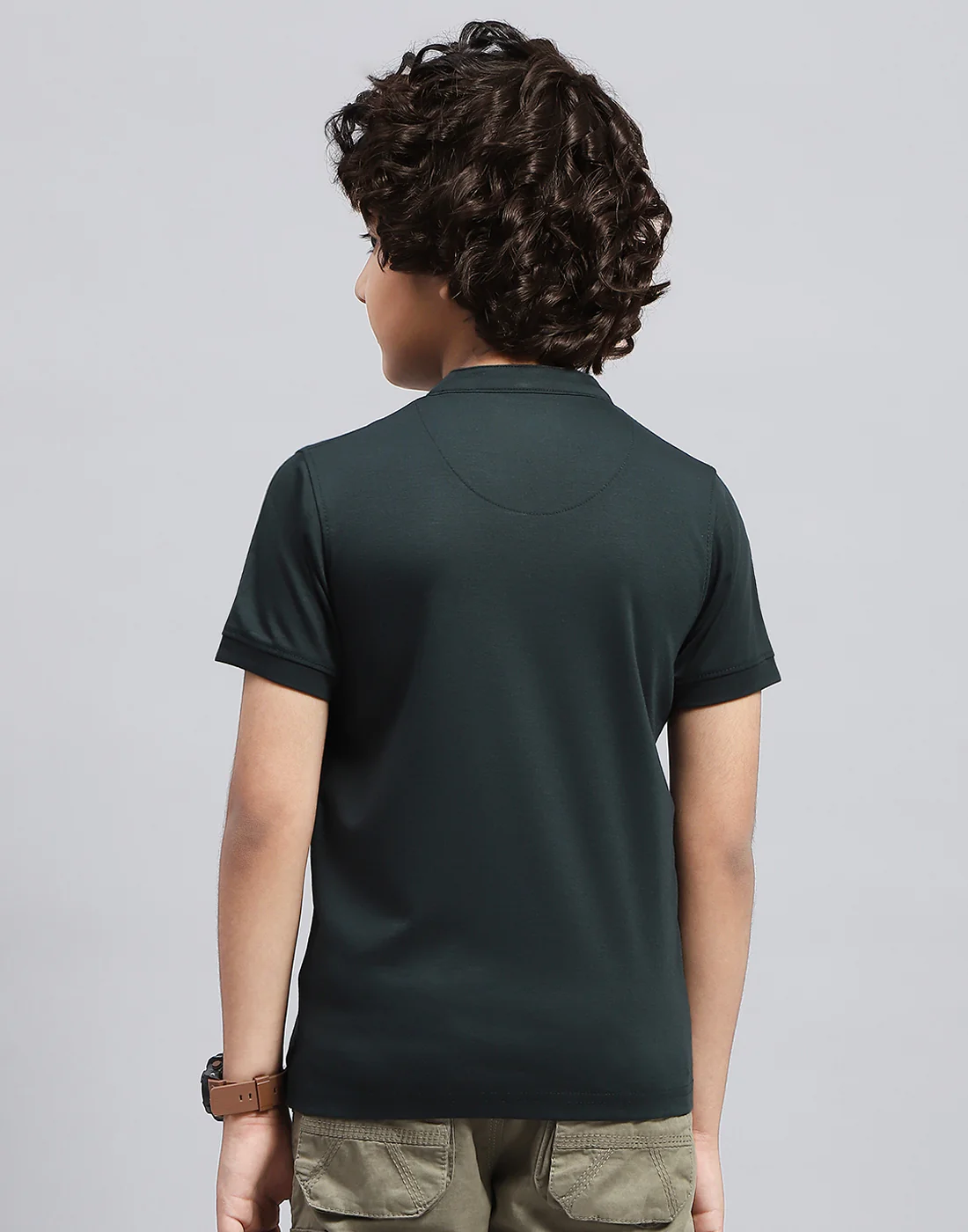 Boys Green Solid Mandarin Neck Half Sleeve T-Shirt - Image 5