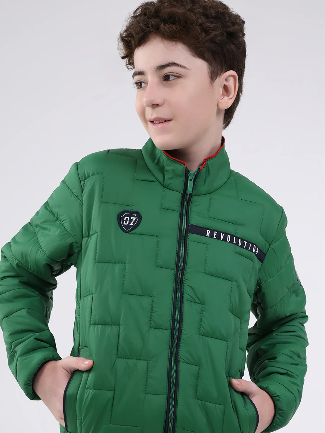 Boys Green Solid Mock Neck Full Sleeve Jacket - Image 6