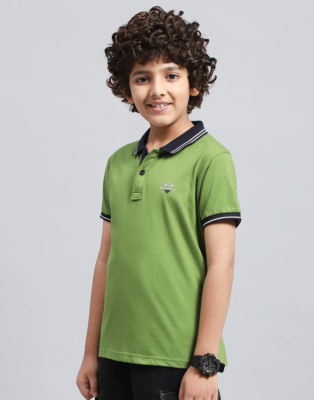 Boys Green Solid Polo Collar Half Sleeve T-Shirt - Image 4