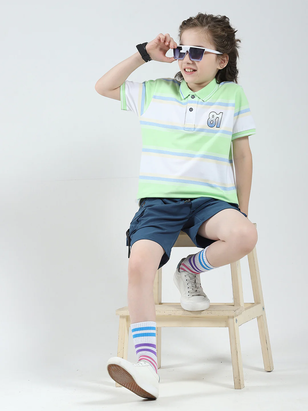 Boys Green Stripe Collar Half Sleeve T-Shirt - Image 2
