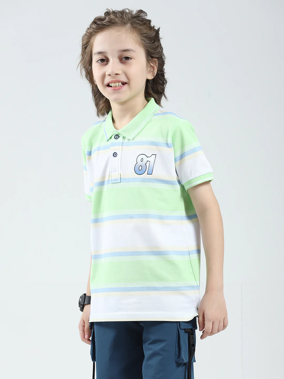 Boys Green Stripe Collar Half Sleeve T-Shirt - Image 3