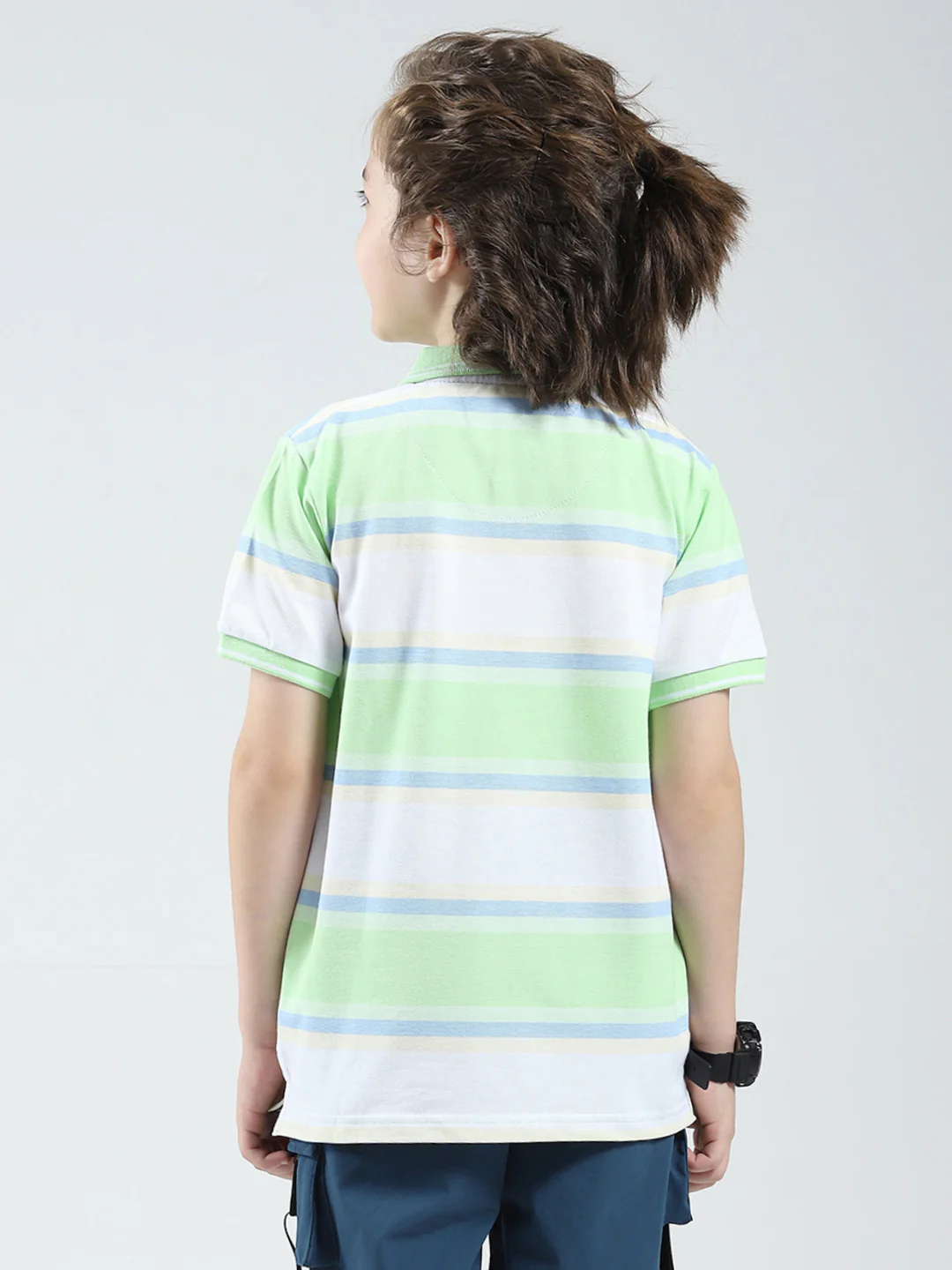 Boys Green Stripe Collar Half Sleeve T-Shirt - Image 5