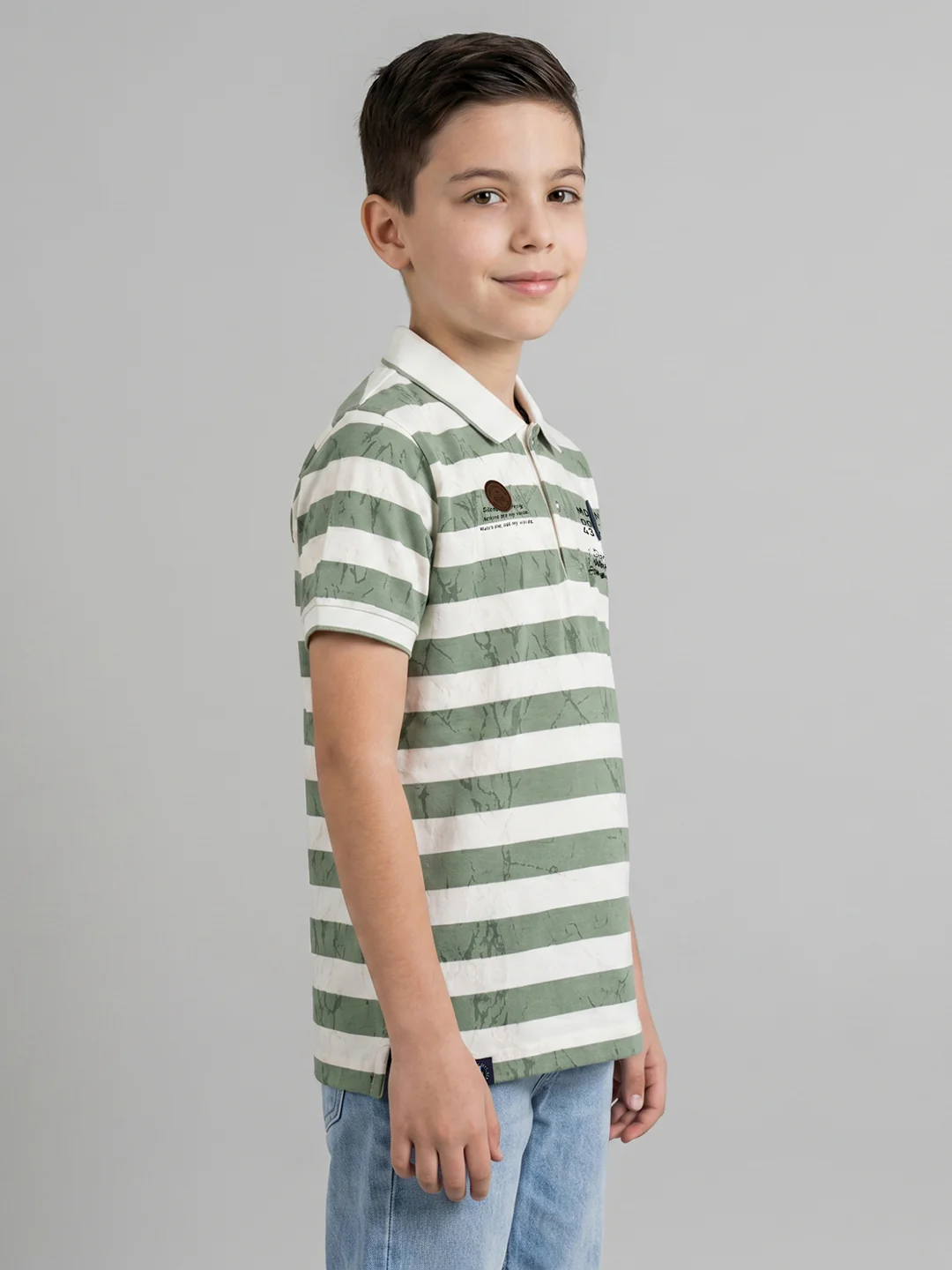 Boys Green Stripe Collar Half Sleeve T-Shirt - Image 2