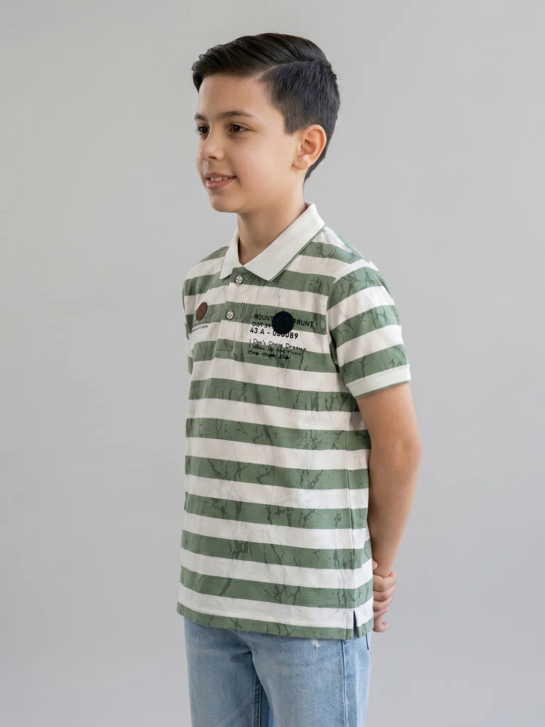 Boys Green Stripe Collar Half Sleeve T-Shirt - Image 3