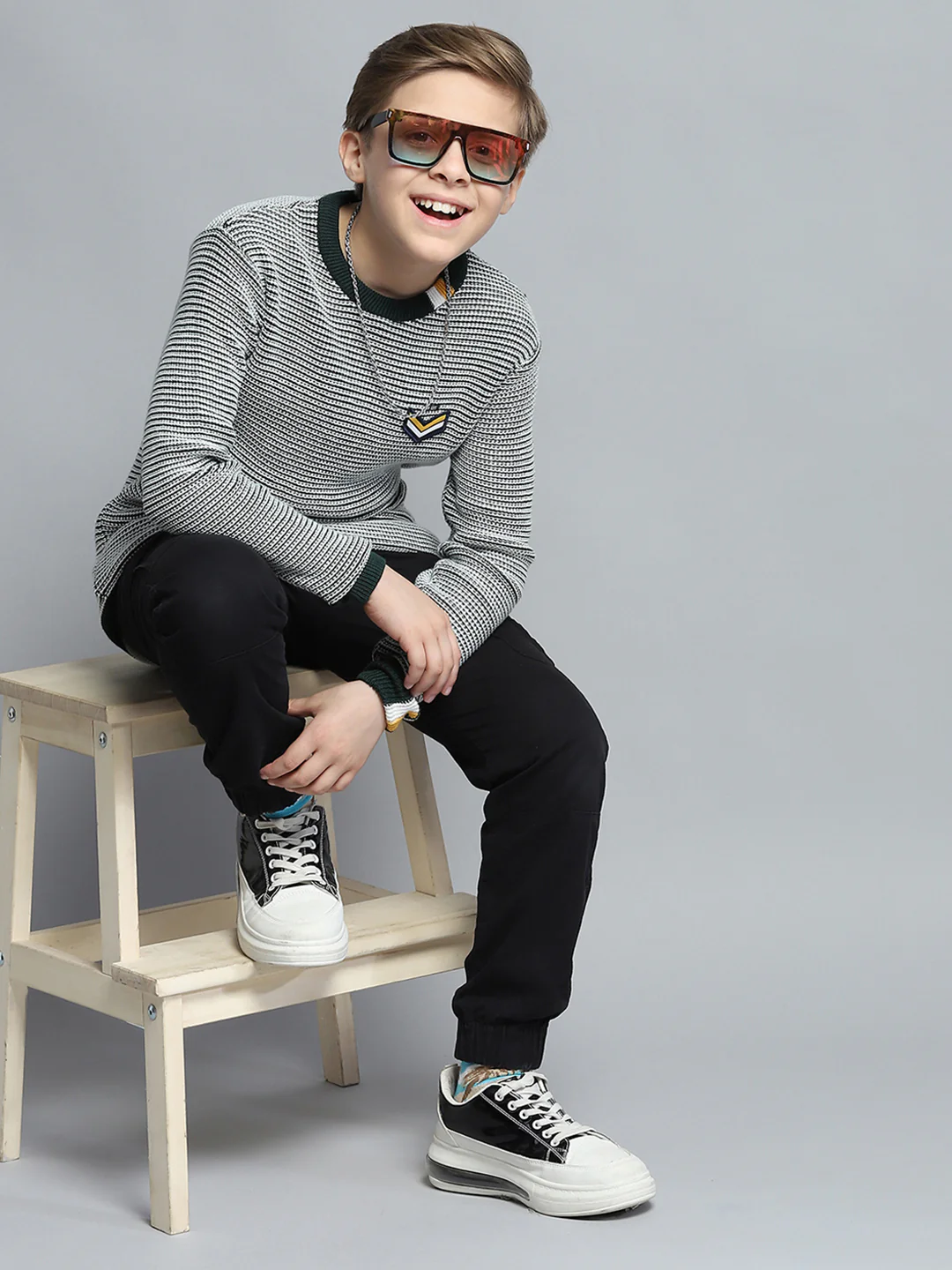 Boys Green Stripe Round Neck Full Sleeve Pullover - Image 2