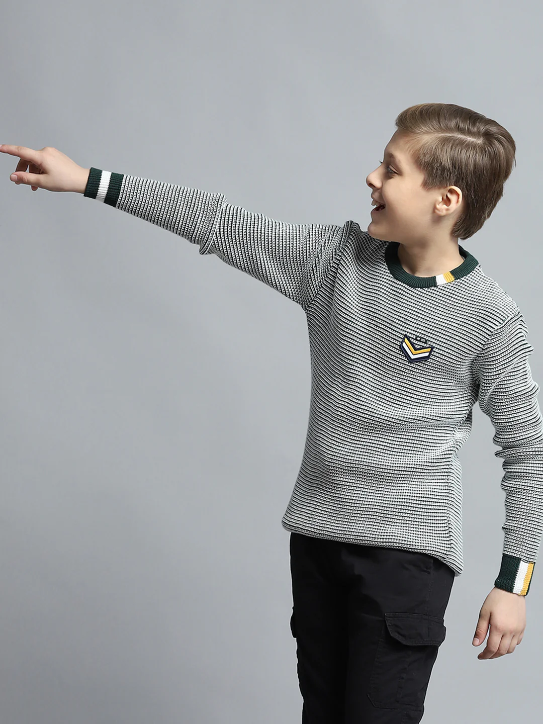 Boys Green Stripe Round Neck Full Sleeve Pullover - Image 3
