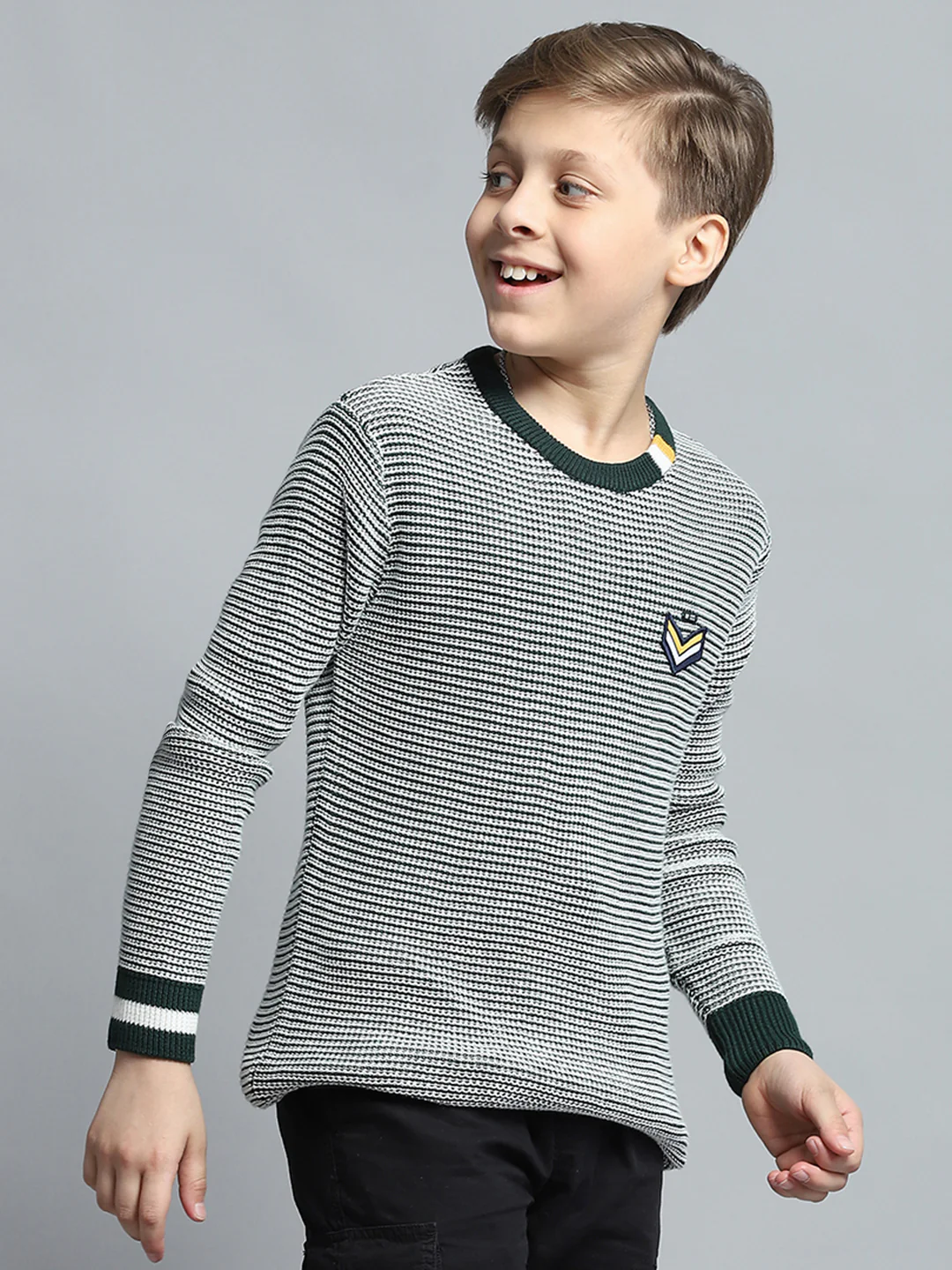 Boys Green Stripe Round Neck Full Sleeve Pullover - Image 4