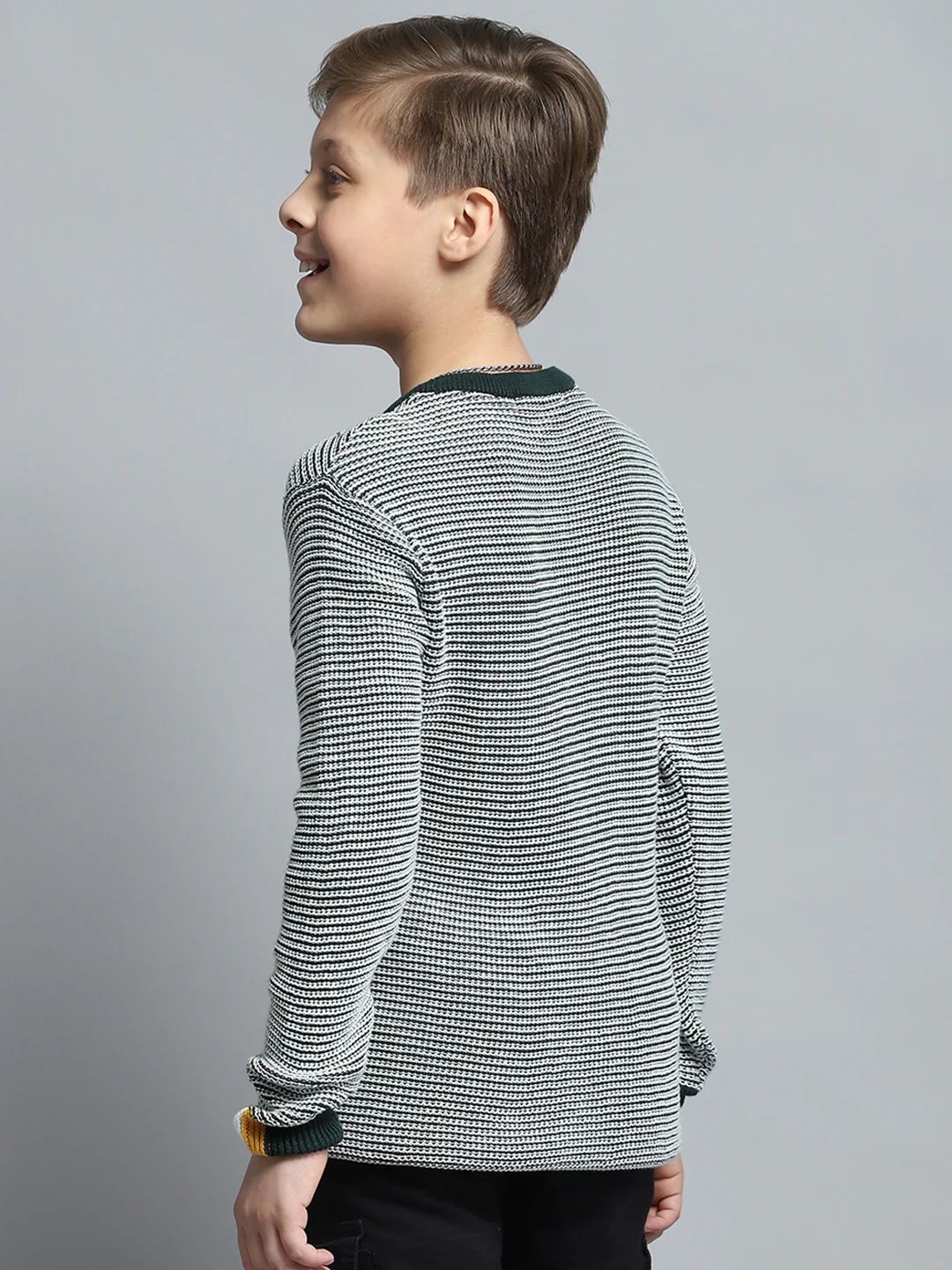 Boys Green Stripe Round Neck Full Sleeve Pullover - Image 5