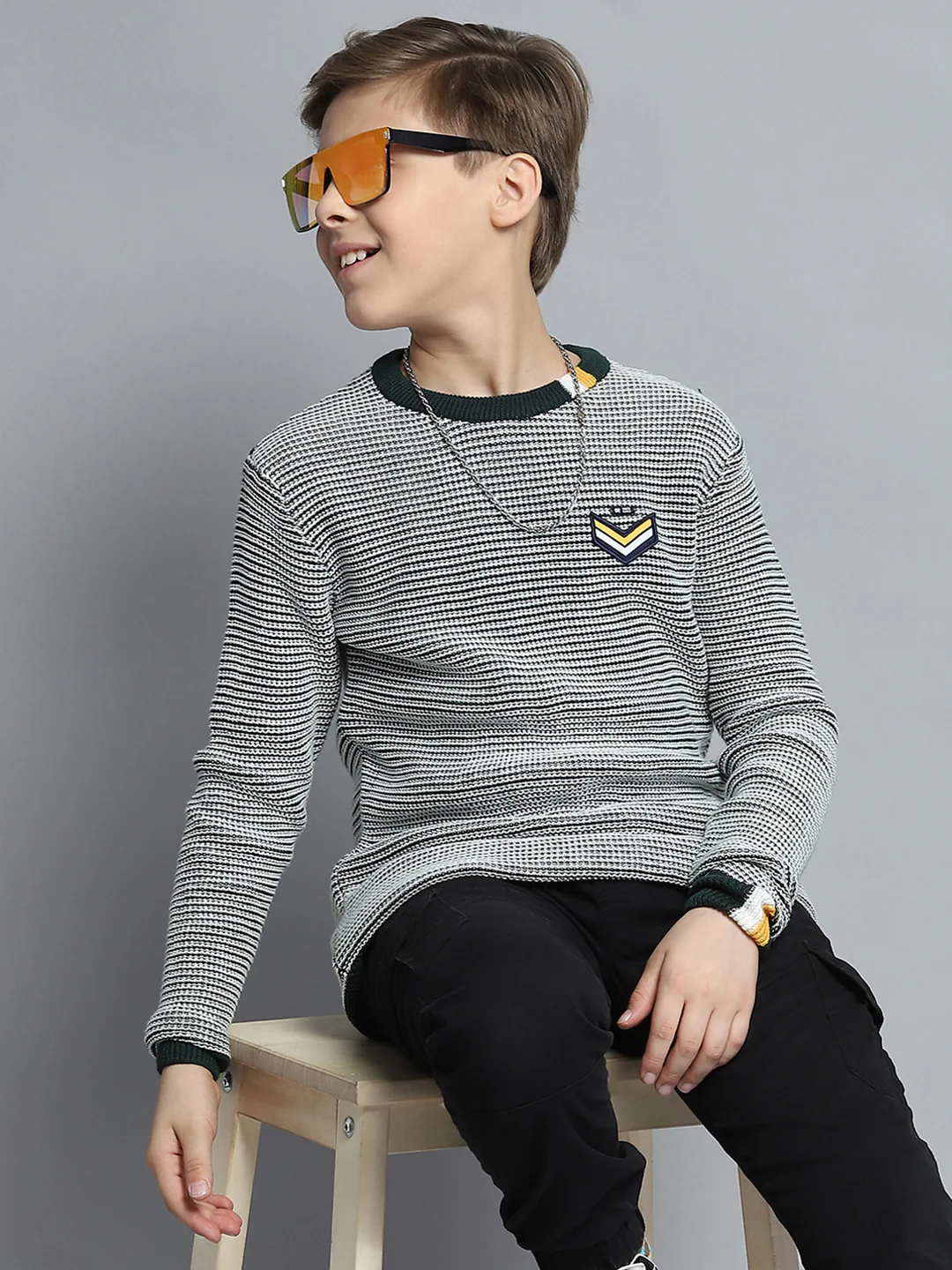 Boys Green Stripe Round Neck Full Sleeve Pullover - Image 6