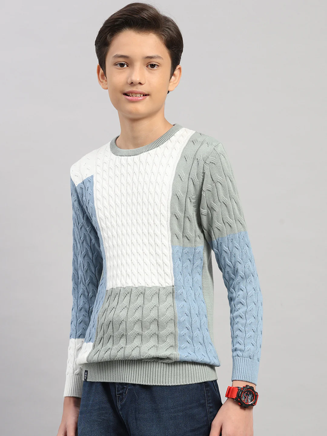 Boys Green Stripe Round Neck Full Sleeve Pullover - Image 3