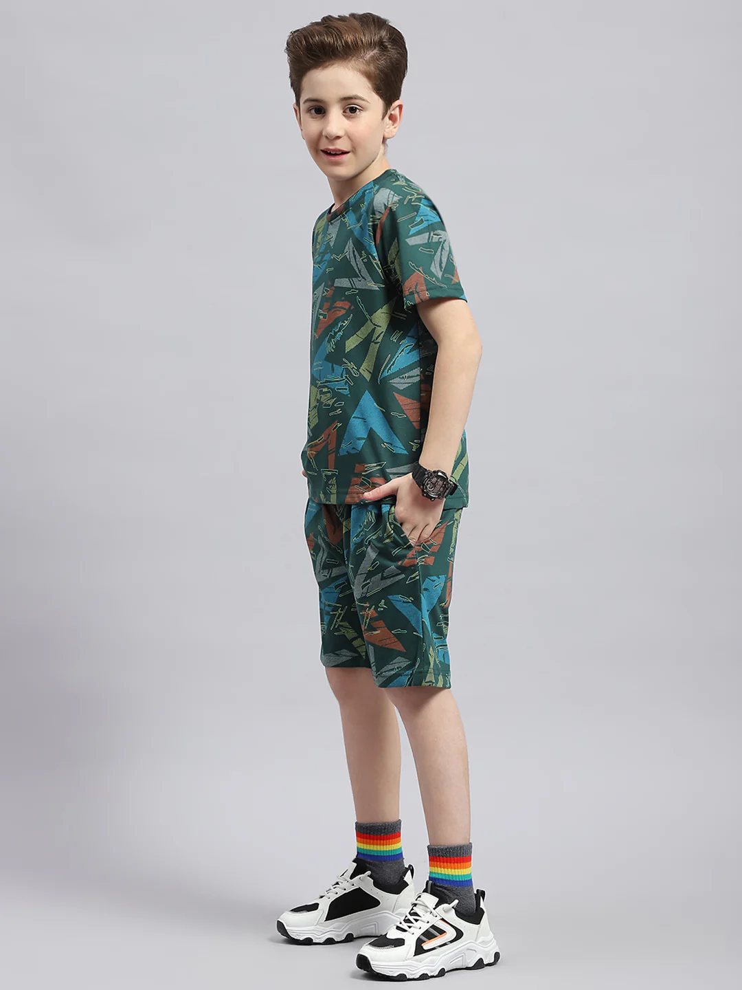 Boys Blue Printed Round Neck Half Sleeve Bermuda Set - Image 3