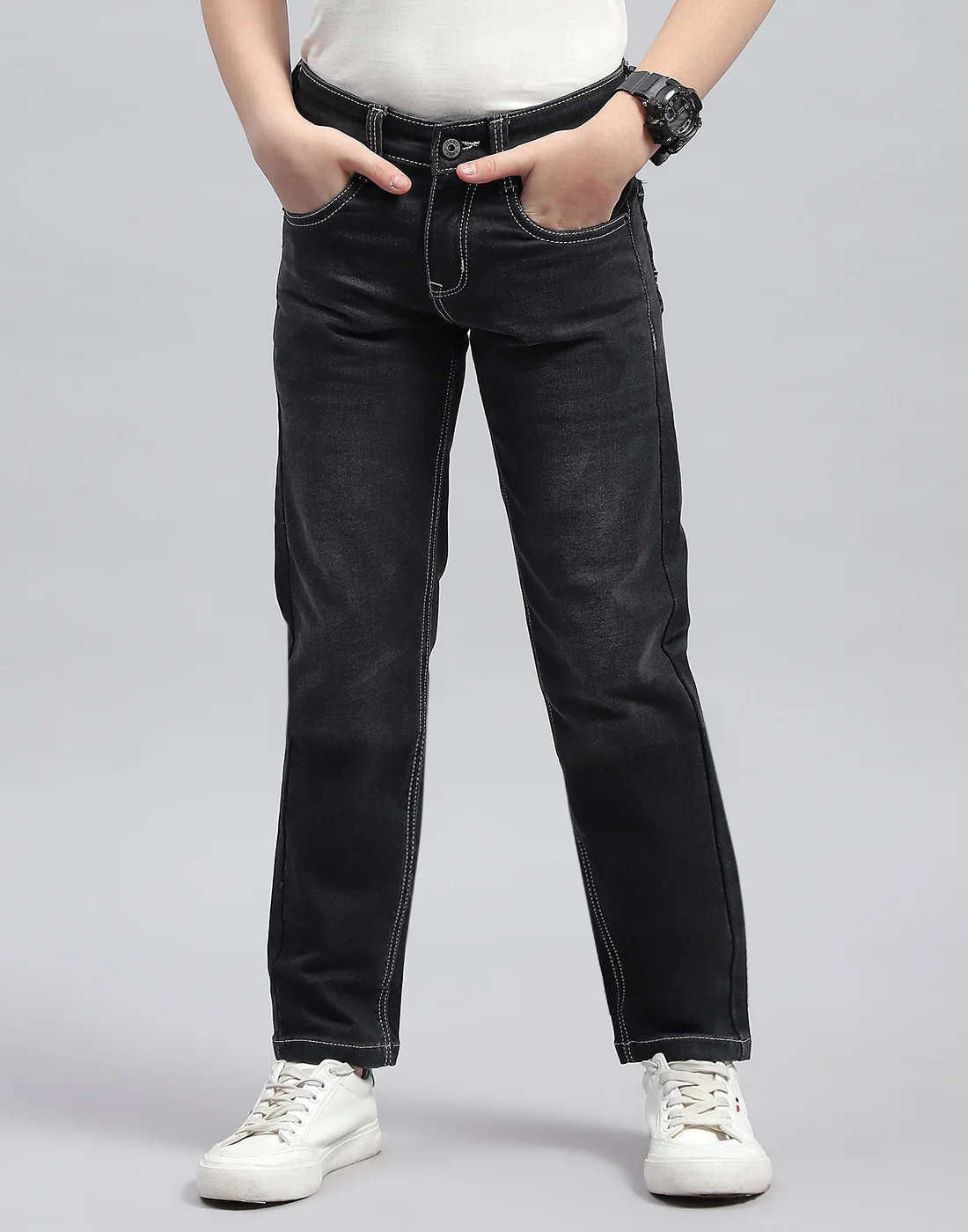 Boys Grey Black Solid Slim Fit Denim - Image 2