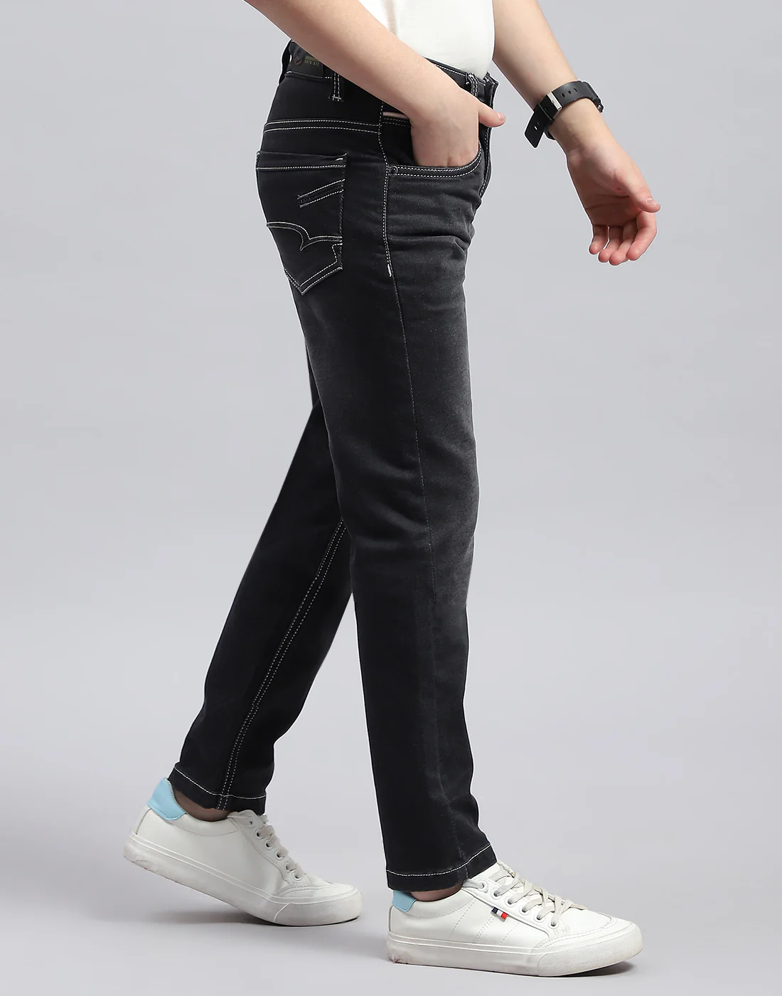 Boys Grey Black Solid Slim Fit Denim - Image 4