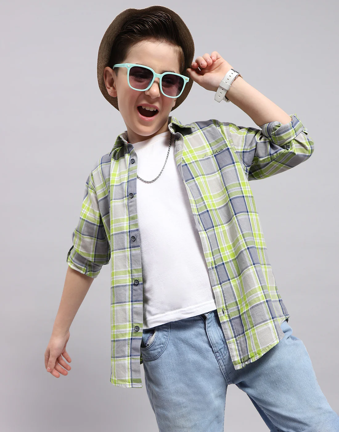 Boys Grey Check Collar Full Sleeve Shirt - Image 6