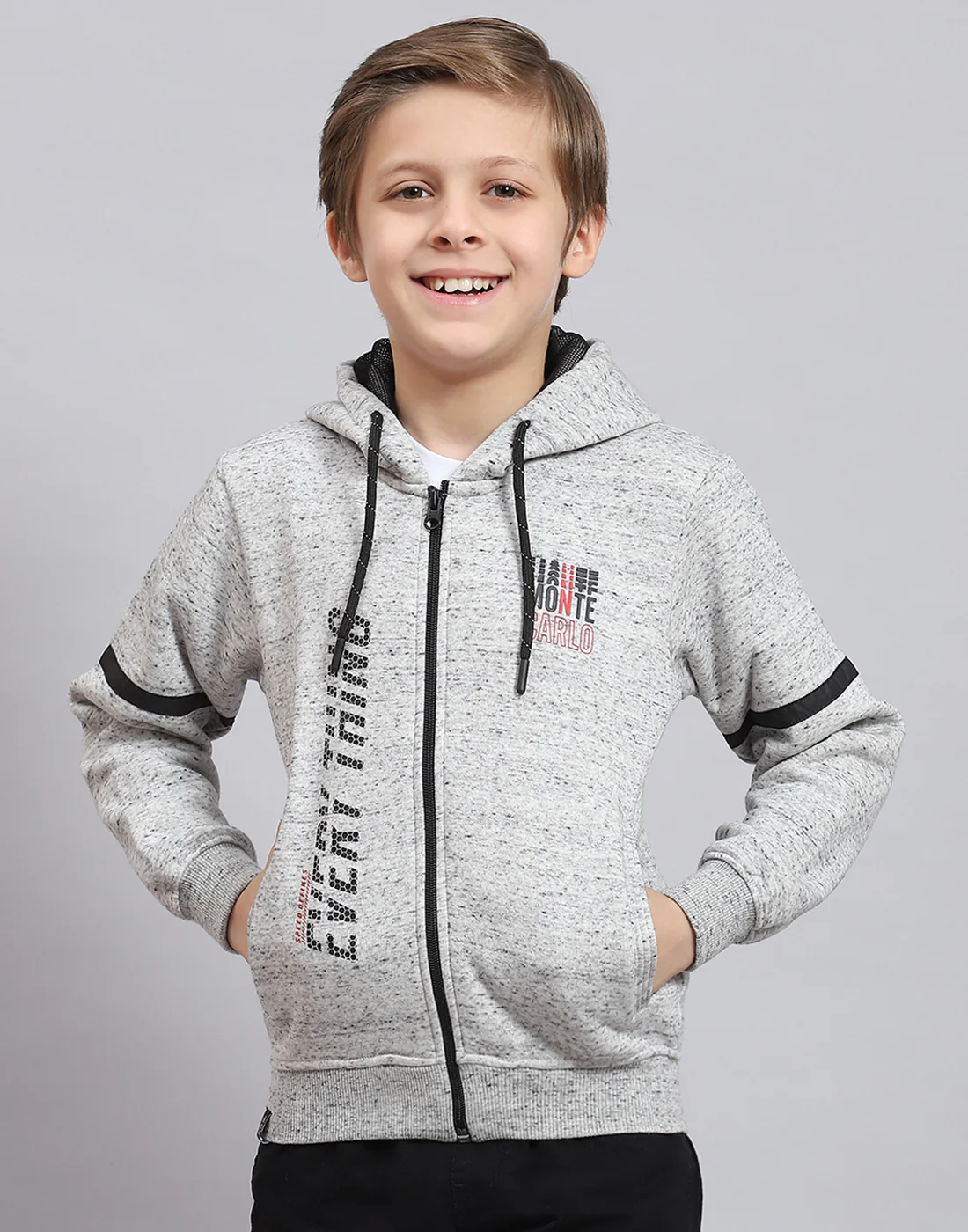 Boys Grey Melange Printed Hooded Full Sleeve Sweatshirt - Image 2