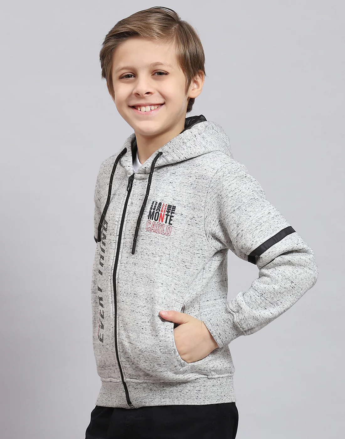 Boys Grey Melange Printed Hooded Full Sleeve Sweatshirt - Image 3