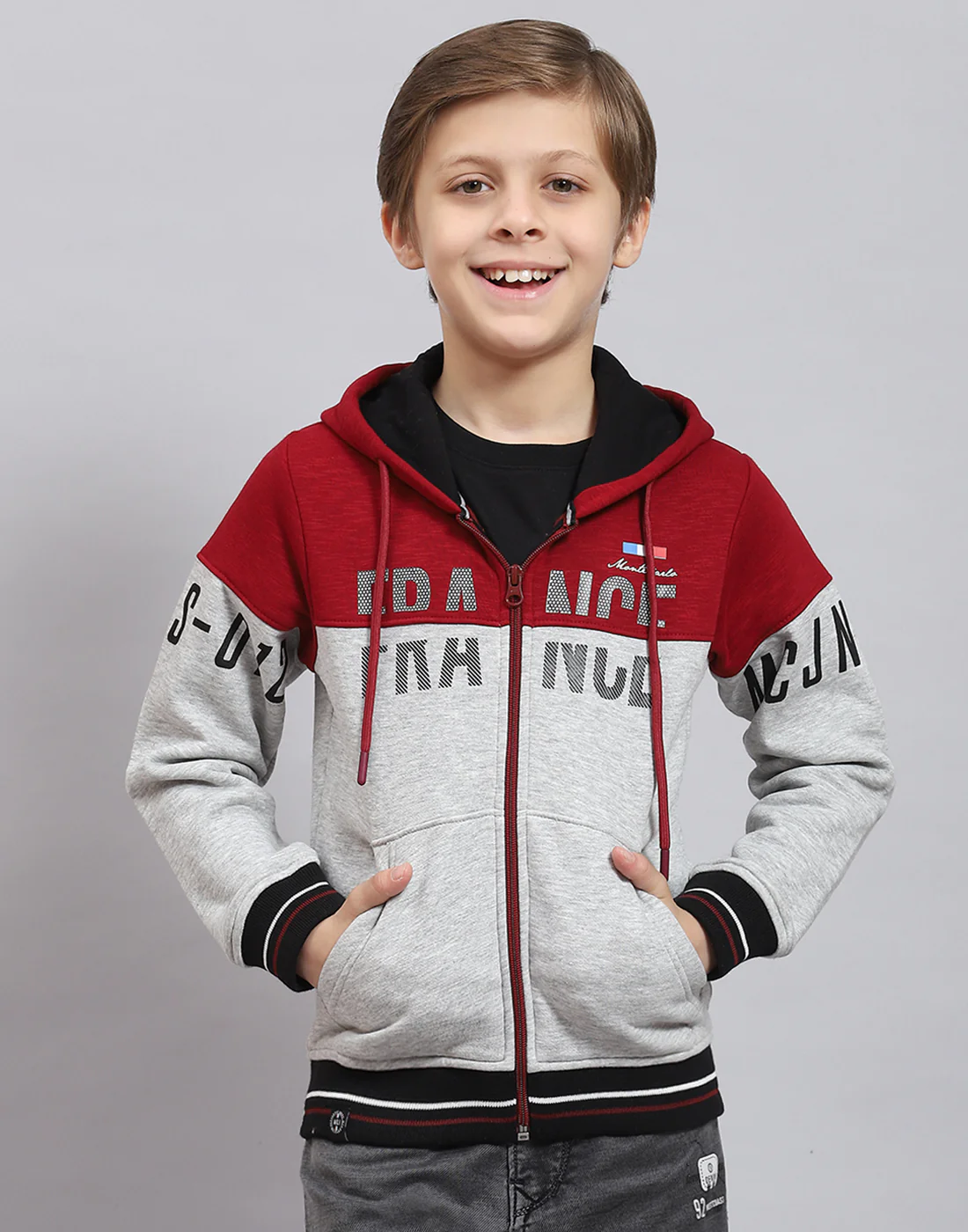 Boys Grey Melange Printed Hooded Full Sleeve Sweatshirt - Image 2
