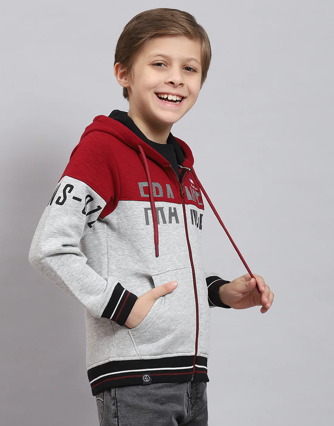 Boys Grey Melange Printed Hooded Full Sleeve Sweatshirt - Image 4