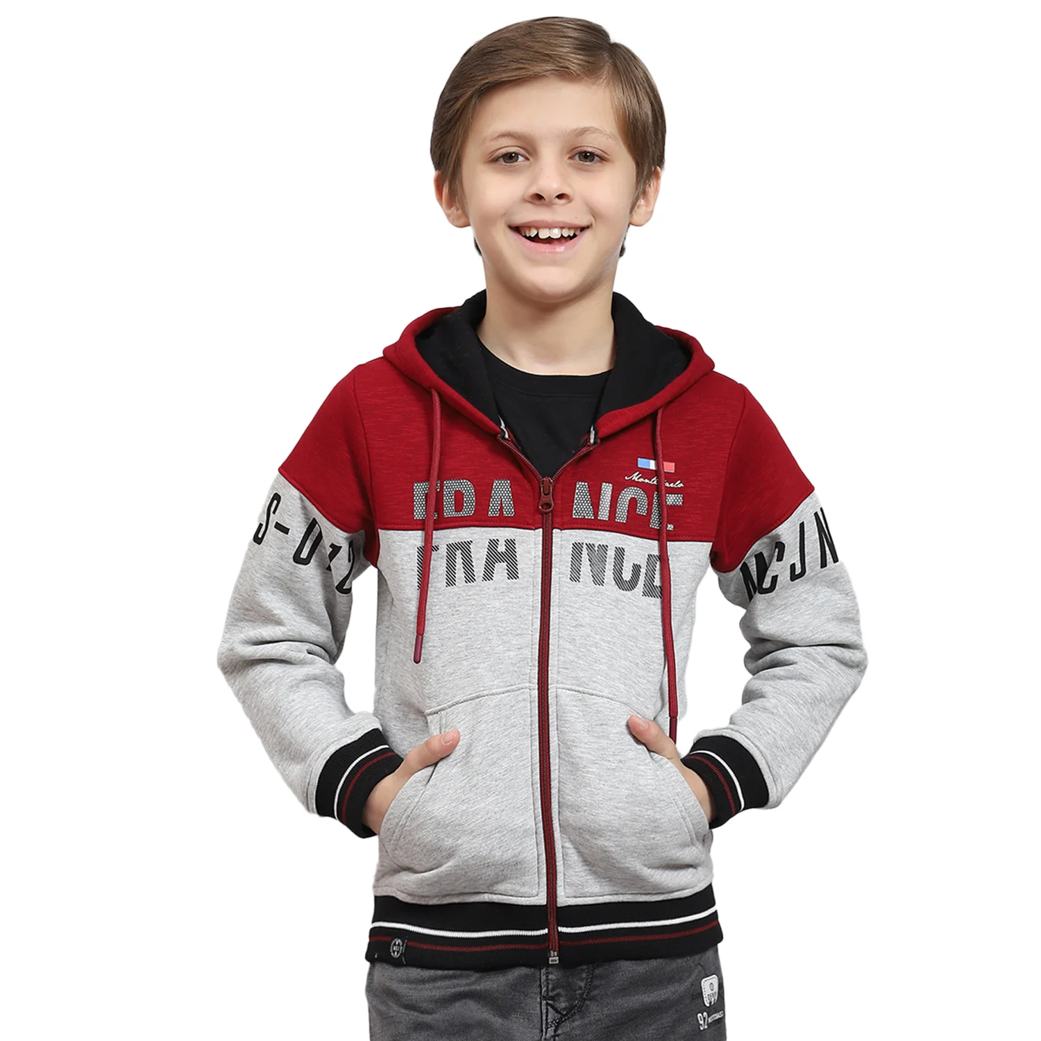 Boys Grey Melange Printed Hooded Full Sleeve Sweatshirt - Image 5