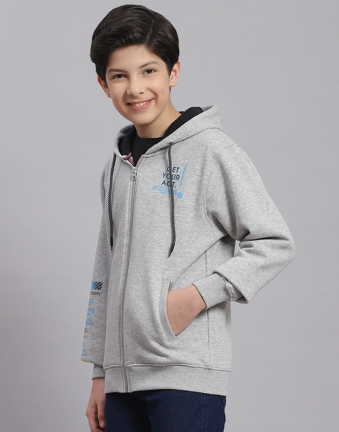 Boys Grey Melange Printed Hooded Full Sleeve Sweatshirt - Image 3