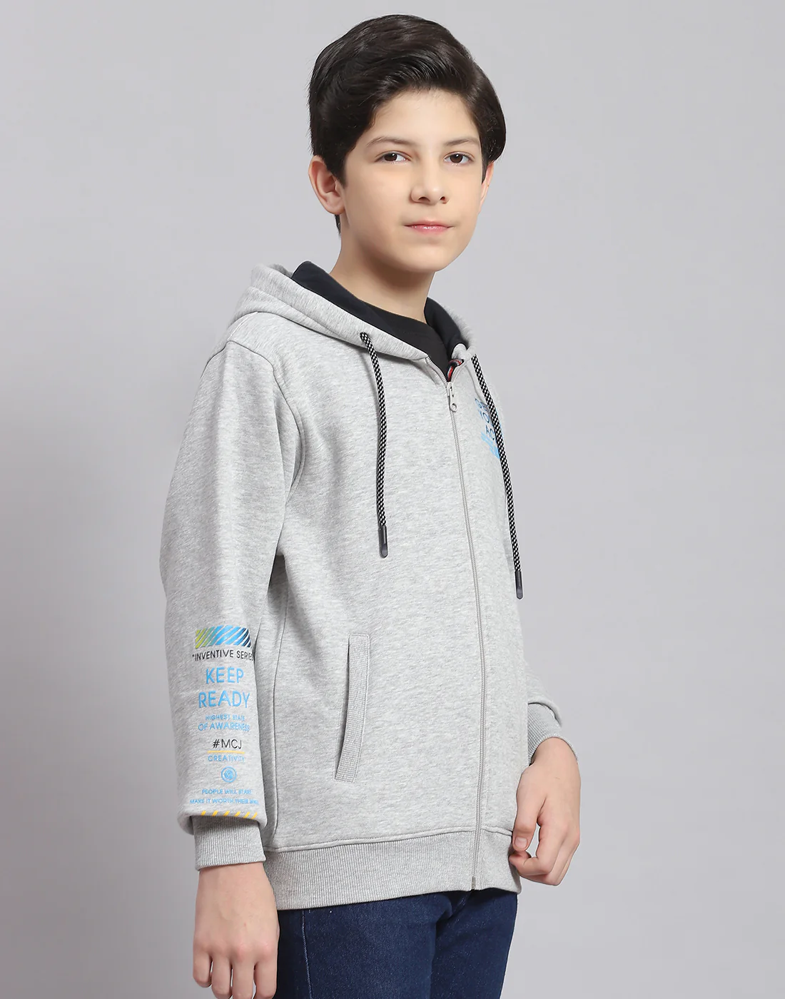 Boys Grey Melange Printed Hooded Full Sleeve Sweatshirt - Image 4