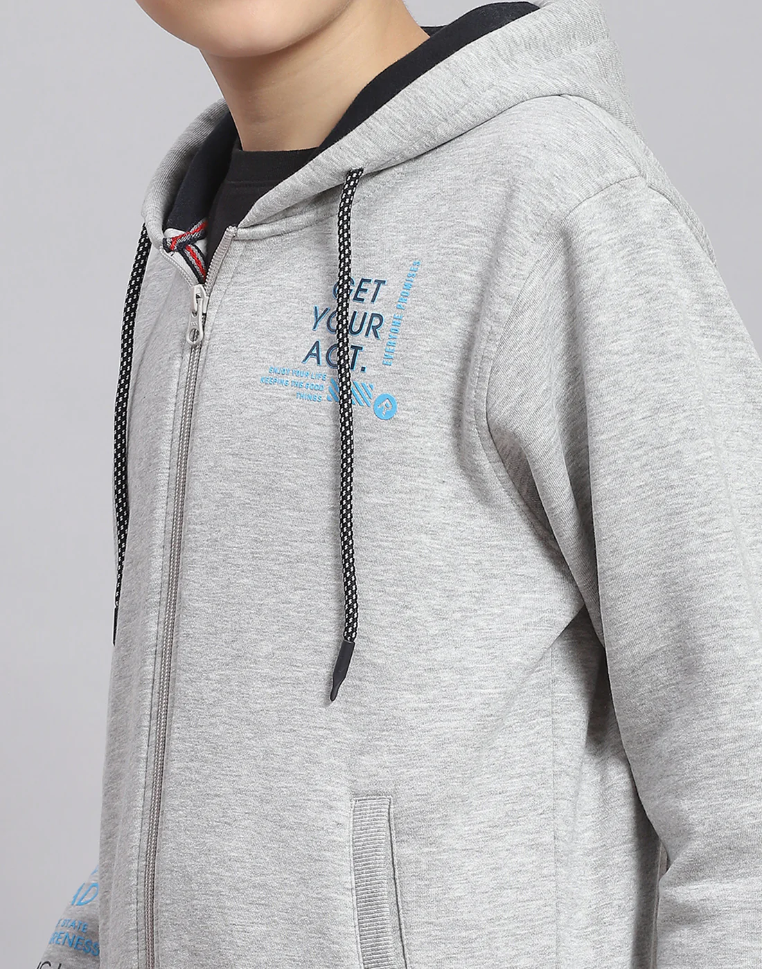 Boys Grey Melange Printed Hooded Full Sleeve Sweatshirt - Image 6