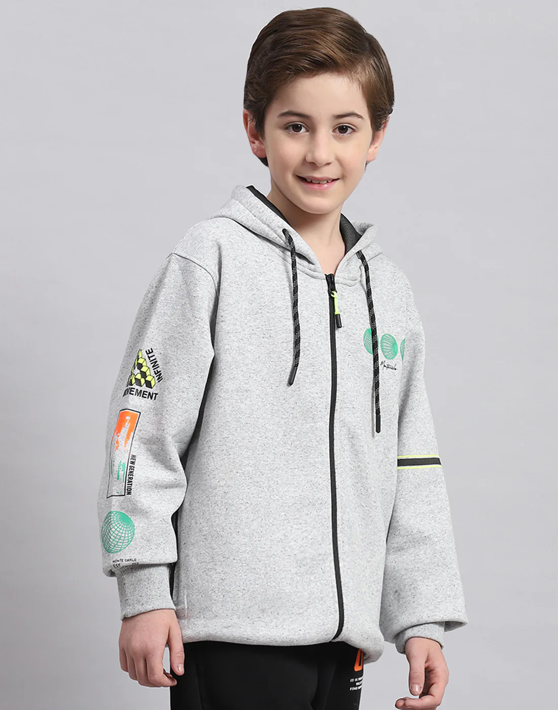 Boys Grey Melange Printed Hooded Full Sleeve Sweatshirt - Image 4