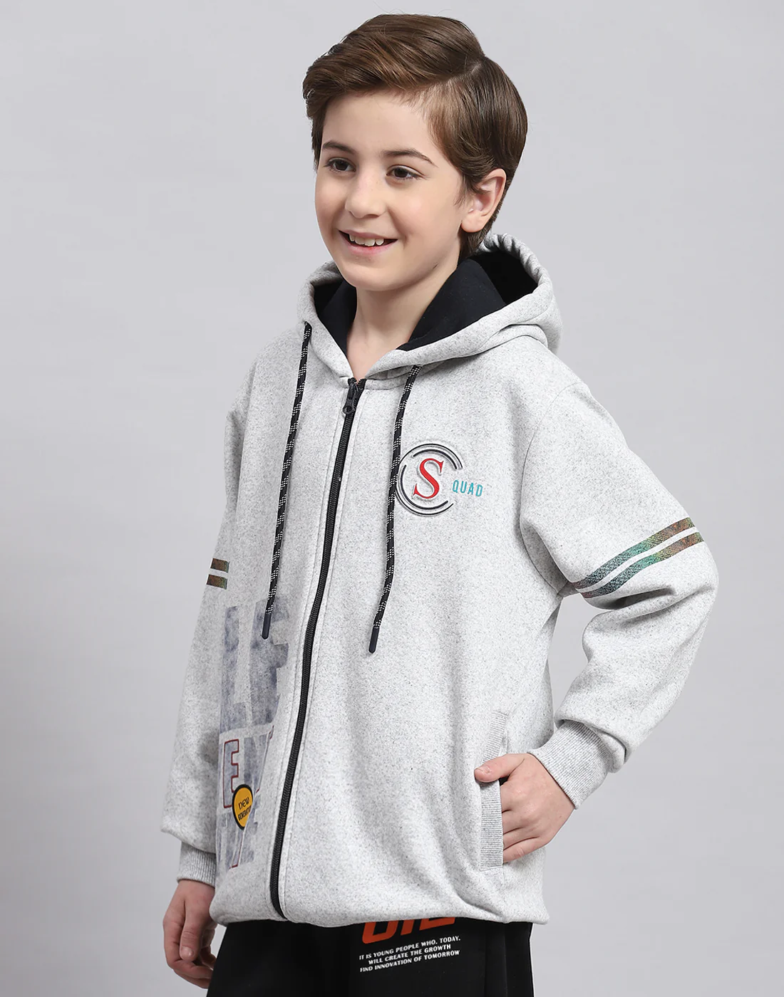Boys Grey Melange Printed Hooded Full Sleeve Sweatshirt - Image 3